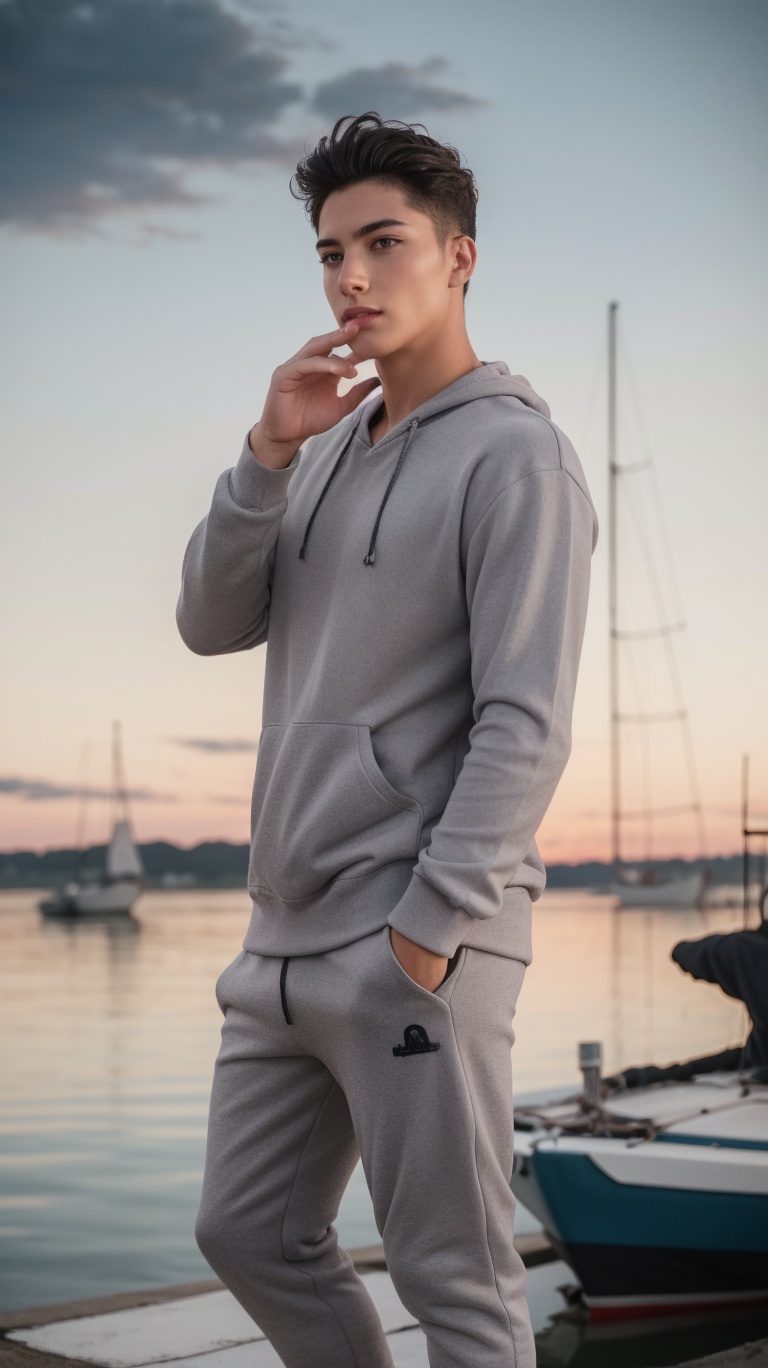 a expressive boy,  Athleisure Comfy sweatpants in a soft grey fleece material.,  claw pose on Tensor.Art