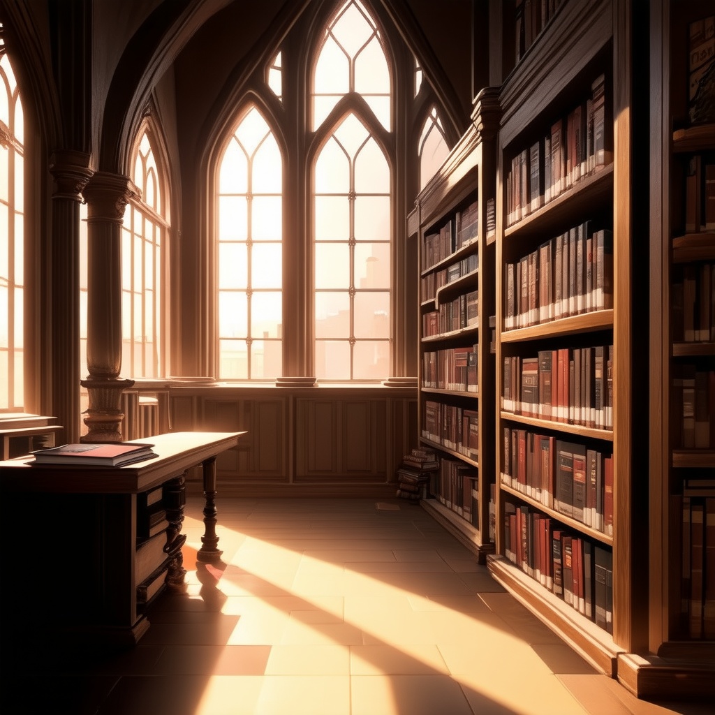 digital render of a library, big windows, gothic architecture, indoors enviroment, cozy ilumination, cinematic ambient light, sunset outside, | astro_gemu_xd
