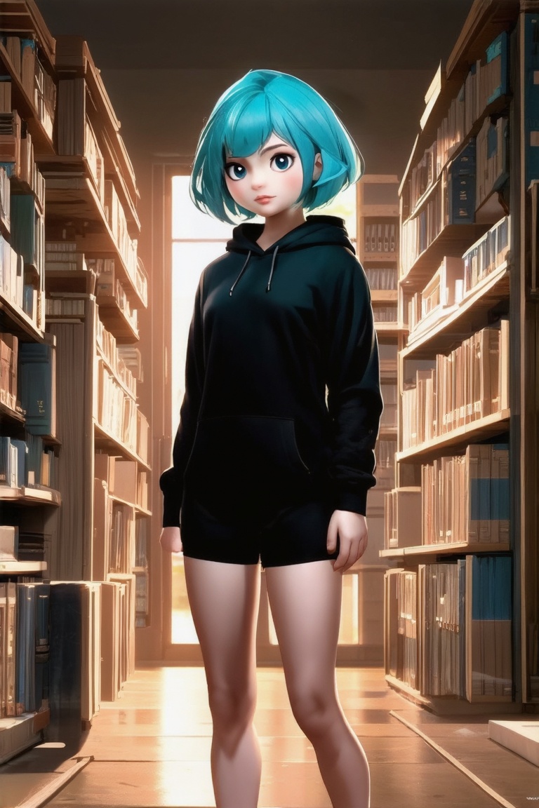 render of a womand standing in the middle of a library, she have short hair and aqua hair color with ocean eyes, she is wearing a black hoodie and tight shorts and she is barefoot, indoors enviroment, cozy ilumination, cinematic ambient light, sunset outside, | astro_gemu_xd