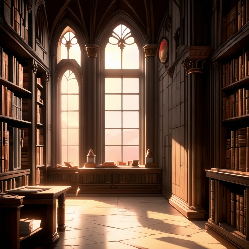 digital render of a library, big windows, gothic architecture, indoors enviroment, cozy ilumination, cinematic ambient light, sunset outside, | astro_gemu_xd