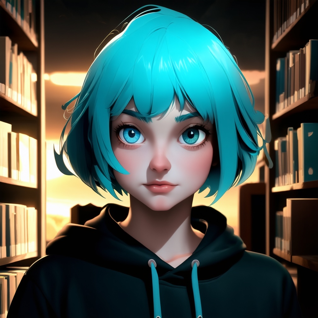 digital render of the face of a womand looking at the viewer in a library, she have short hair and aqua hair color with ocean eyes, she is wearing a black hoodie, indoors enviroment, cozy ilumination, cinematic ambient light, sunset outside, | astro_gemu_xd