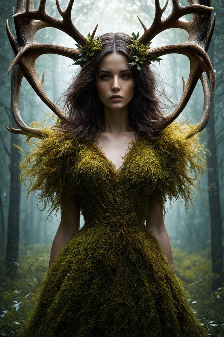 mysterious silhouette woman with antler and dress made out of moss,  by Minjae Lee,  Carne Griffiths on Tensor.Art