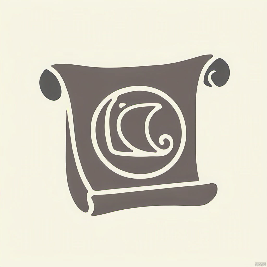 A black and white logo, a scroll