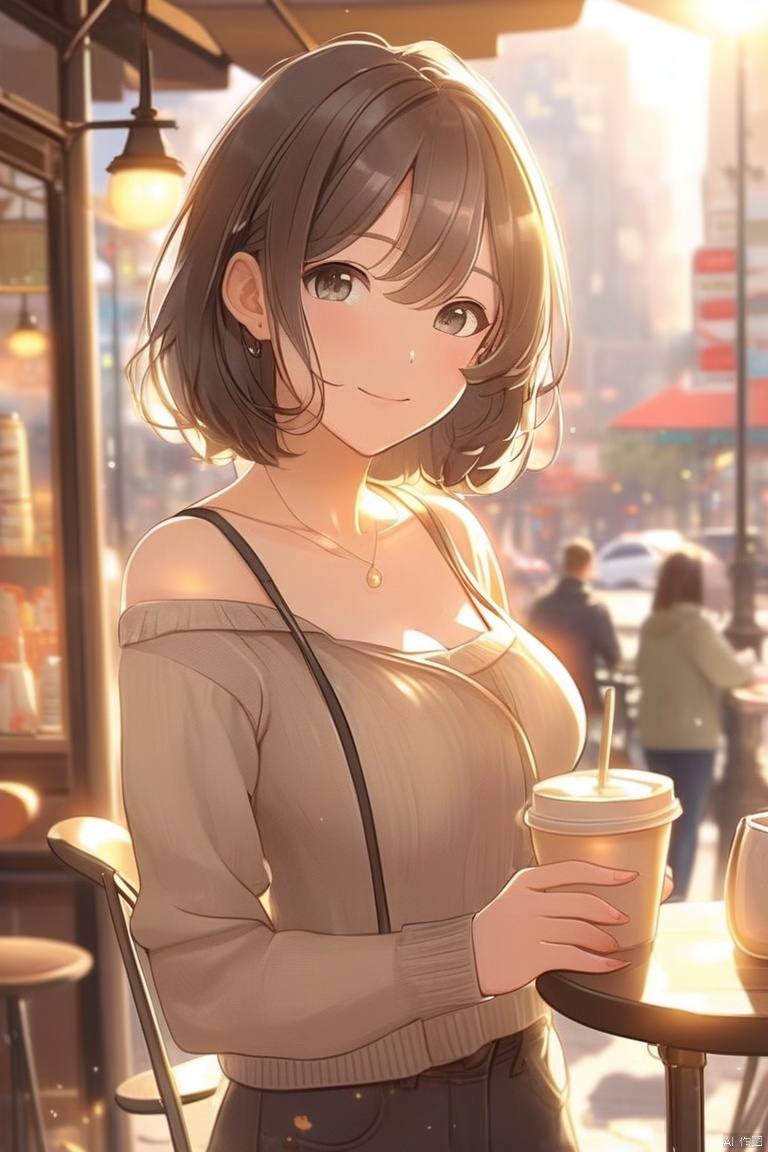 (masterpiece), best quality, high resolution, highly detailed, detailed background, perfect lighting, lens flare, outdoor, city, cafe, coffee shop, 1girl, medium hair, small breasts,
