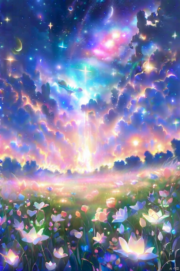 Celestial Meadow:
Envision a vast meadow where the ground is covered in luminescent grass that glows with an ethereal light. The sky above is a swirling tapestry of vivid nebulae and distant galaxies, visible in astonishing detail even in the daytime. Enormous, floating blossoms drift gently through the air, their petals shimmering with stardust. A gentle breeze carries the faint melodies of cosmic symphonies, harmonizing with the soft rustling of the glowing grass. Ethereal creatures resembling delicate constellations flutter by, and crystal-clear lakes mirror the celestial splendor above, creating a surreal sense of harmony between earth and sky.