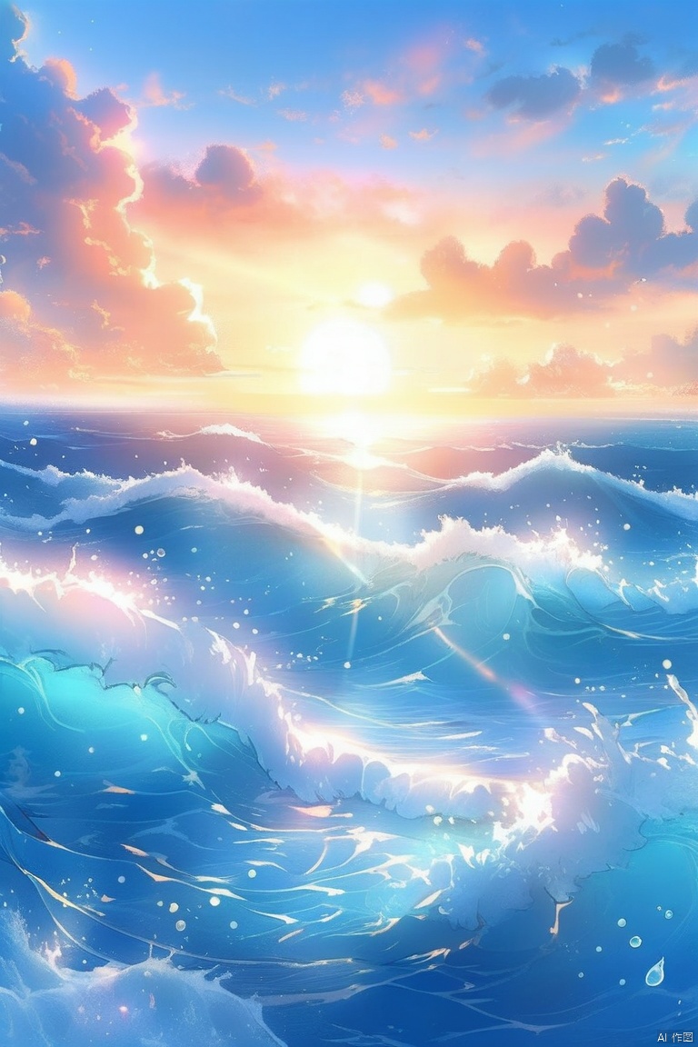 painting of a Beautiful Ocean scene with a sun setting, Detailed sea, Blue water waves, Beautiful Ocean, Troubled marine environment, Magical Ocean, Fantasy seascape, Bright sea, Highly detailed numbers, Waves, Blue Ocean, Wallpaper Anime Blue Water, Sparkling Waves, On the sea, realistic ocean, Ocean background, Ocean in the background