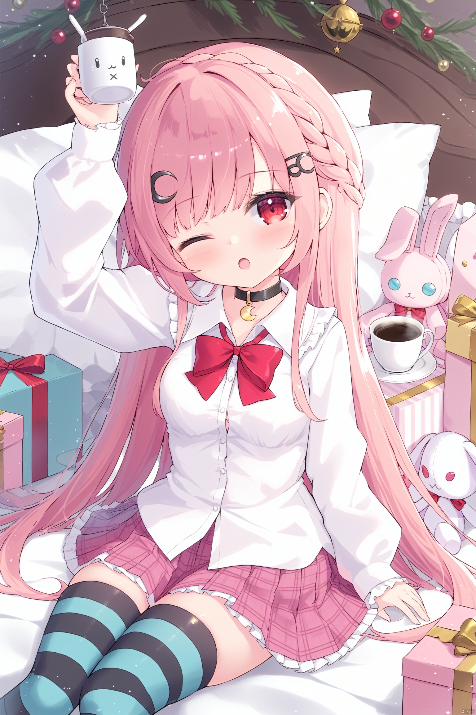 1girl, thighhighs, solo, white_shirt, striped_clothes, shirt, no_shoes, gift_box, skirt, cup, red_eyes, box, striped_thighhighs, plaid_skirt, hair_ornament, one_eye_closed, stuffed_toy, bow, plaid, coffee, long_sleeves, stuffed_animal, braid, gift, long_hair, arm_up, dress_shirt, collared_shirt, frills, red_bow, choker, hairclip, pleated_skirt, small_breasts, pink_skirt, black_choker, jacket, breasts, sitting, looking_at_viewer, crown_braid, very_long_hair, crescent, stuffed_rabbit, puffy_sleeves, puffy_long_sleeves, saucer, open_mouth, pillow
