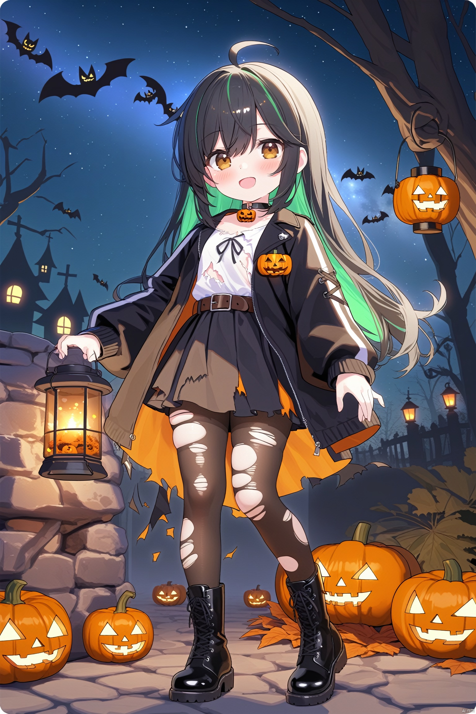 1girl, solo, skirt, night, black hair, torn clothes, jack-o'-lantern, jacket, black footwear, long hair, black skirt, shirt, black jacket, looking at viewer, outdoors, lantern, torn thighhighs, thighhighs, blush, night sky, star \(symbol\), white shirt, smile, halloween, open mouth, open jacket, sky, boots, standing, multicolored hair, long sleeves, pumpkin, choker, black thighhighs, pantyhose, ahoge, colored inner hair, full body, brown eyes, black choker, open clothes, torn pantyhose, star \(sky\), belt, two-tone hair, cross-laced footwear, :d, starry sky
