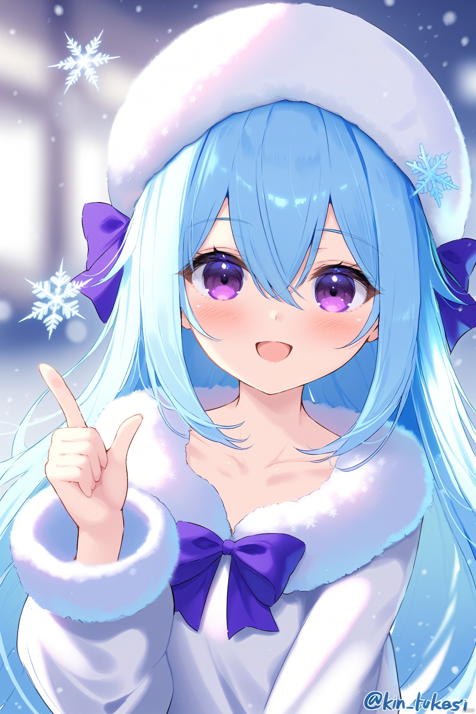1girl, solo, smile, white headwear, hat, :d, long hair, blue hair, snowflakes, hair between eyes, bow, index finger raised, depth of field, looking at viewer, long sleeves, blurry, fur trim, hand up, fur-trimmed sleeves, twitter username, blush, purple eyes, upper body, hair bow, fur-trimmed headwear, collarbone, open mouth
