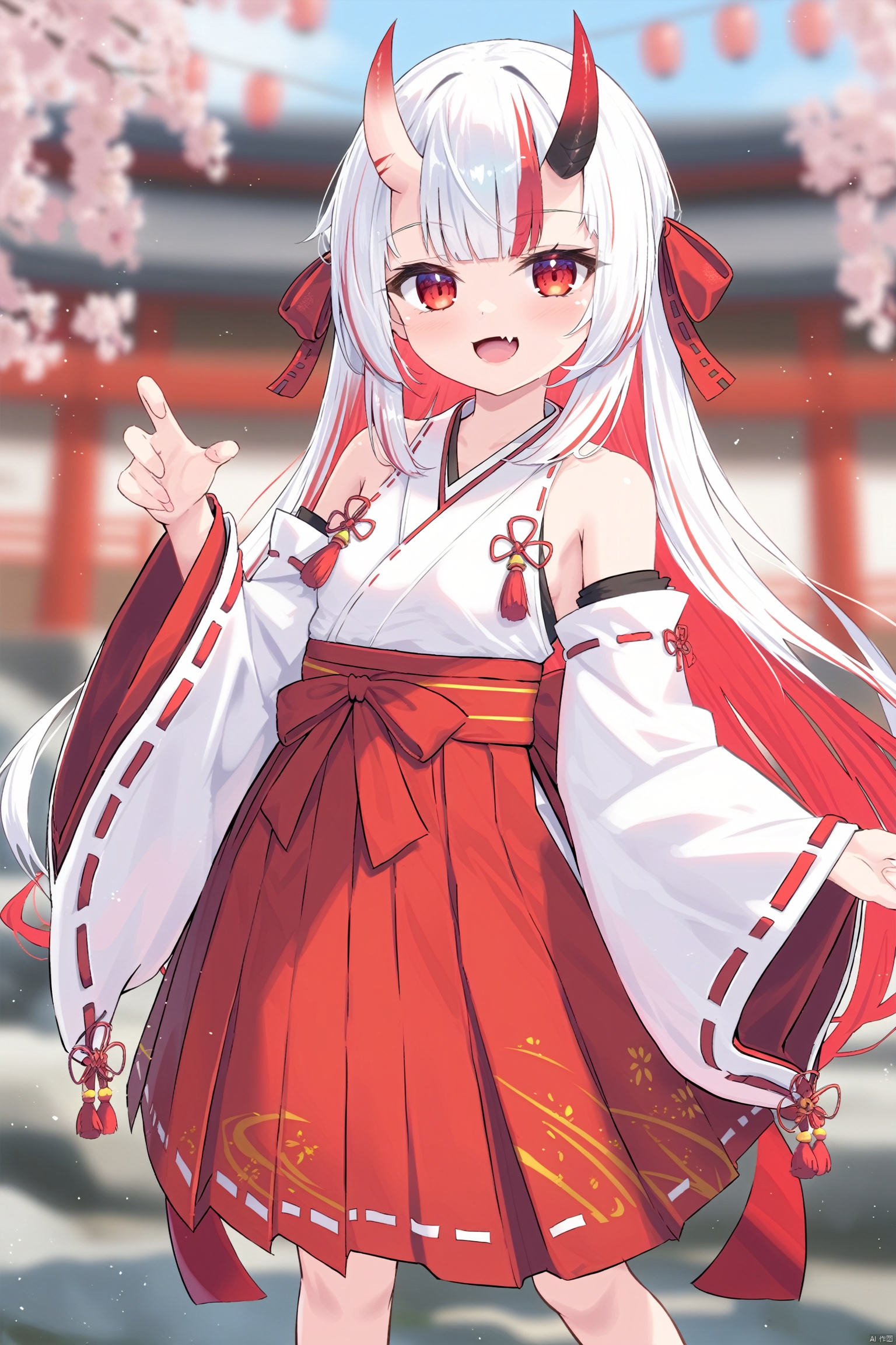1girl, solo, long hair, looking at viewer, smile, open mouth, bangs, skirt, red eyes, long sleeves, bare shoulders, very long hair, standing, white hair, :d, red hair, multicolored hair, small breasts, outdoors, detached sleeves, japanese clothes, horns, sleeveless, fang, virtual youtuber, wide sleeves, blurry, streaked hair, blurry background, feet out of frame, ribbon trim, hakama skirt, ribbon-trimmed sleeves, oni horns, sheathed, oni, white kimono, miko, nakiri ayame
