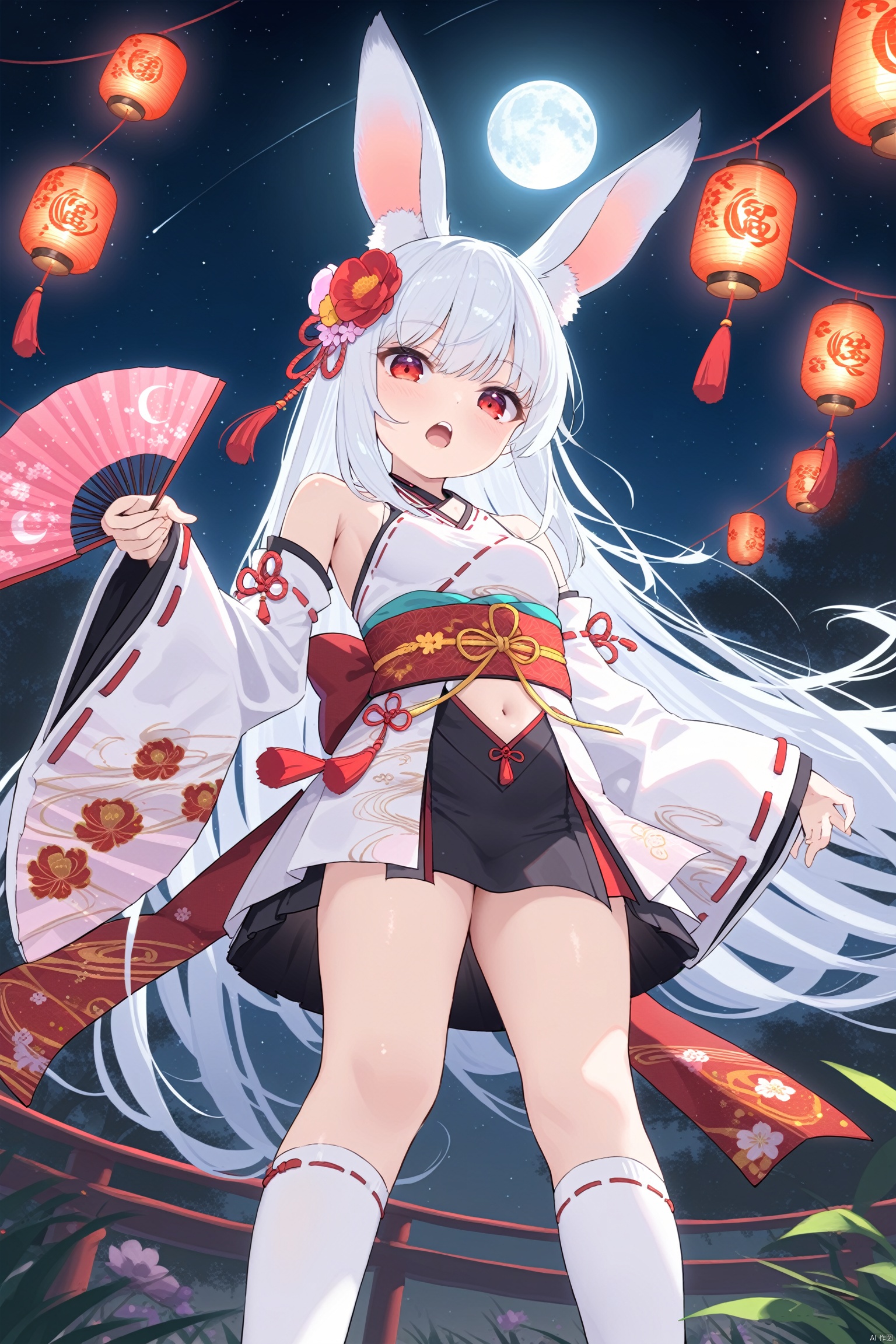 1girl, night, lantern, rabbit ears, animal ears, white socks, hand fan, paper lantern, detached sleeves, long hair, socks, moon, red eyes, full moon, solo, holding fan, folding fan, night sky, white hair, holding, wide sleeves, looking at viewer, open mouth, navel, sky, hair ornament, sash, clothing cutout, very long hair, long sleeves, white sleeves, bare shoulders, from below, outdoors, kneehighs, teeth, obi, japanese clothes, rabbit girl, feet out of frame, hair flower, navel cutout, animal ear fluff, flower, star \(sky\), standing, small breasts, ribbon trim, breasts
