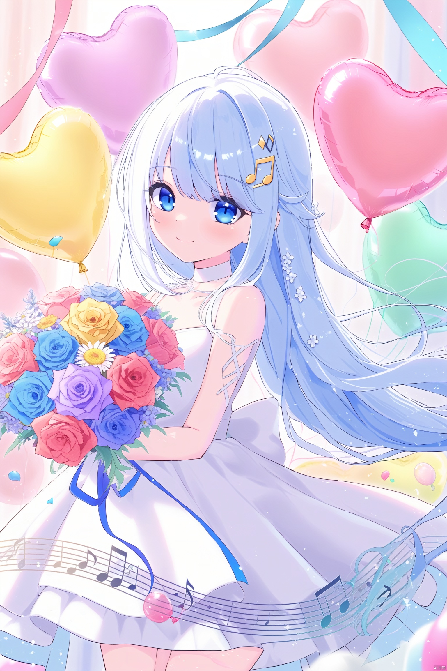 1girl, solo, musical_note, dress, blue_eyes, flower, white_dress, smile, balloon, heart_balloon, long_hair, hair_ornament, looking_at_viewer, bouquet
