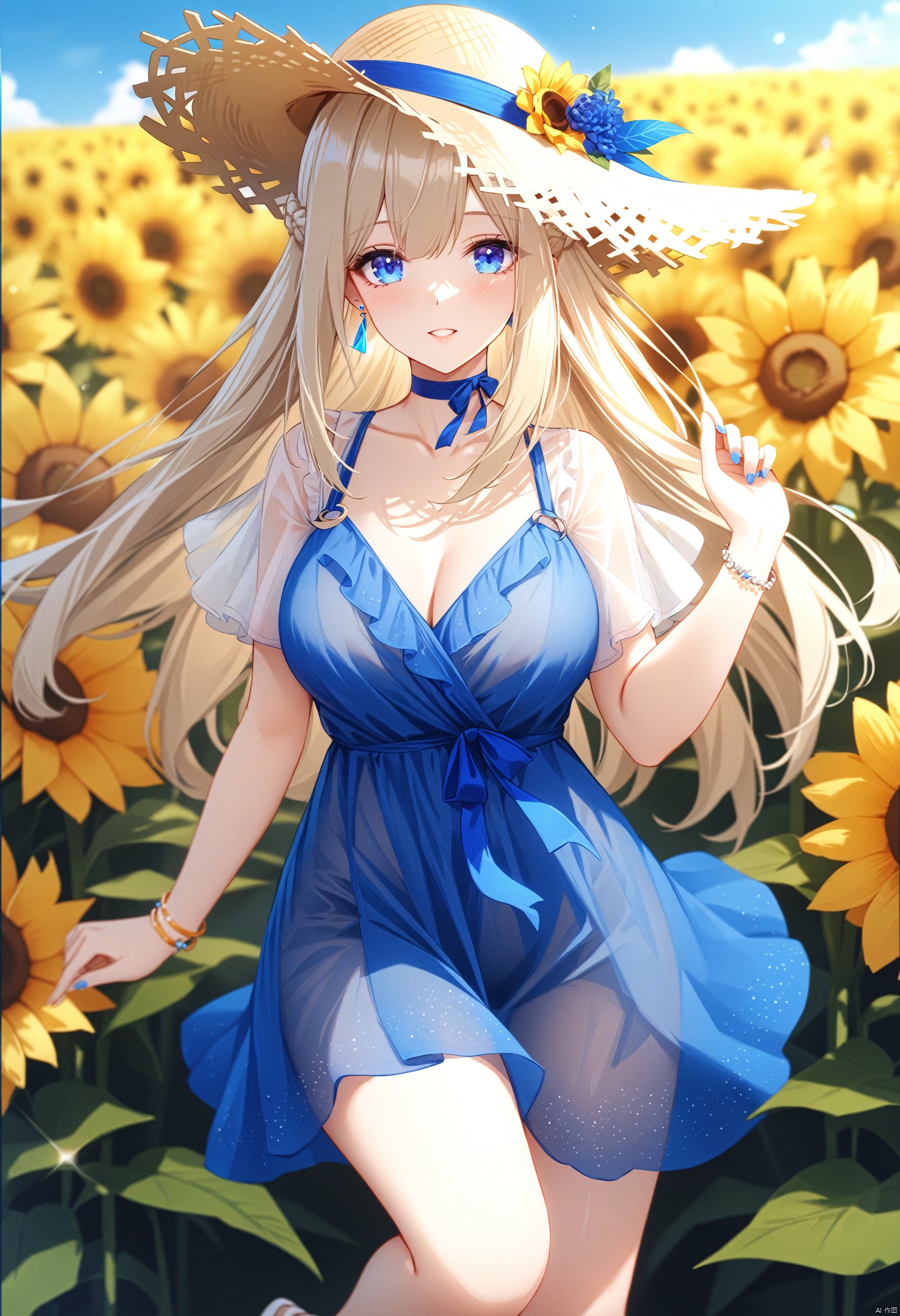masterpiece,best quality,masterpiece,best quality,

lexington,summer dress,1girl,solo,looking at viewer,hair ornament,blue ornament,wifely,breasts,blue eyes,blonde hair,large breasts,blue dress,hat,jewelry,earrings,bracelet,straw hat,choker,see-through,flower,sun flower field,

BREAK,fine fabric emphasis,best quality,masterpiece,best quality,amazing quality,very aesthetic,absurdres,best quality,amazing quality,very aesthetic,absurdres,Highly detailed,best quality,masterpiece,Highly detailed,