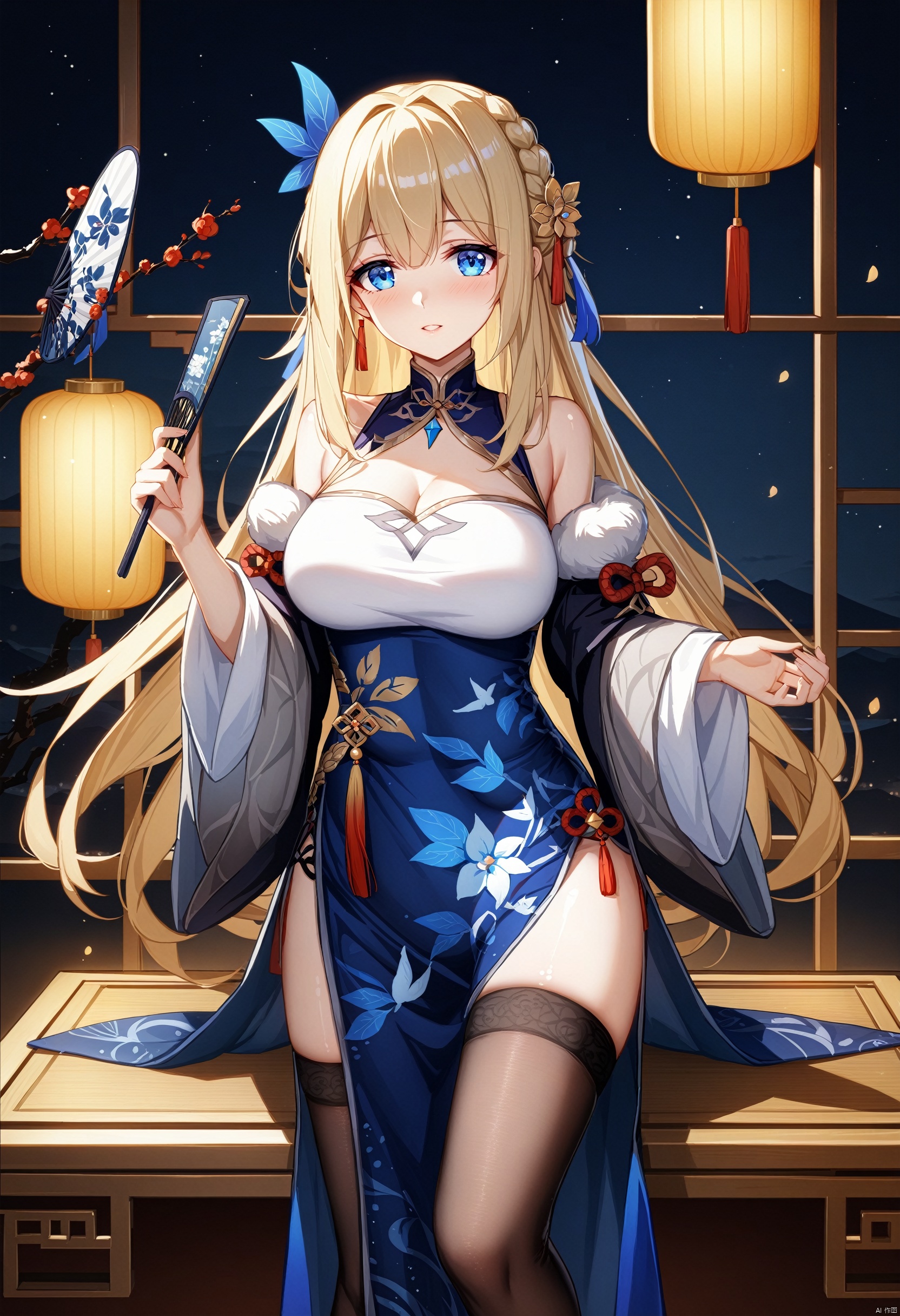 masterpiece,best quality,masterpiece,best quality,

lexington,mid-autumn costume,1girl,solo,long hair,hair ornament,blue ornament,wifely,looking at viewer,breasts,blue eyes,blonde hair,large breasts,thighhighs,dress,hand fan,chinese clothes,flower,cleavage,blue dress,bare shoulders,china dress,black thighhighs,white chests of dress,

BREAK,fine fabric emphasis,best quality,masterpiece,best quality,amazing quality,very aesthetic,absurdres,best quality,amazing quality,very aesthetic,absurdres,Highly detailed,best quality,masterpiece,Highly detailed,