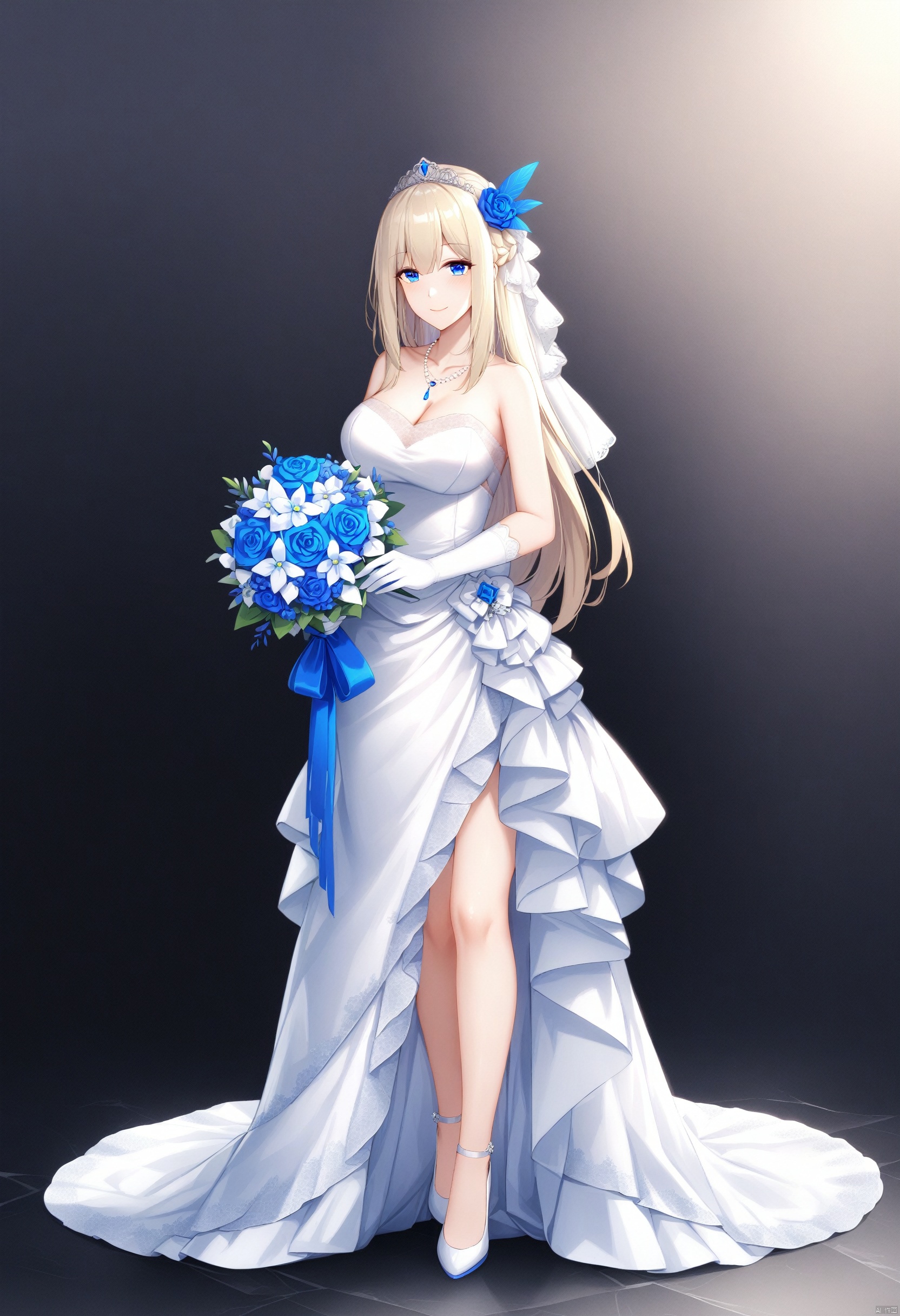 masterpiece,best quality,masterpiece,best quality,

lexington,wedding dress,1girl,solo,long hair,hair ornament,blue ornament,wifely,looking at viewer,breasts,blue eyes,blonde hair,large breasts,dress,bouquet,flower,blue flower,smile,jewelry,blue rose,necklace,gloves,cleavage,full body,white gloves,holding,white dress,bare shoulders,

BREAK,fine fabric emphasis,best quality,masterpiece,best quality,amazing quality,very aesthetic,absurdres,best quality,amazing quality,very aesthetic,absurdres,Highly detailed,best quality,masterpiece,Highly detailed,