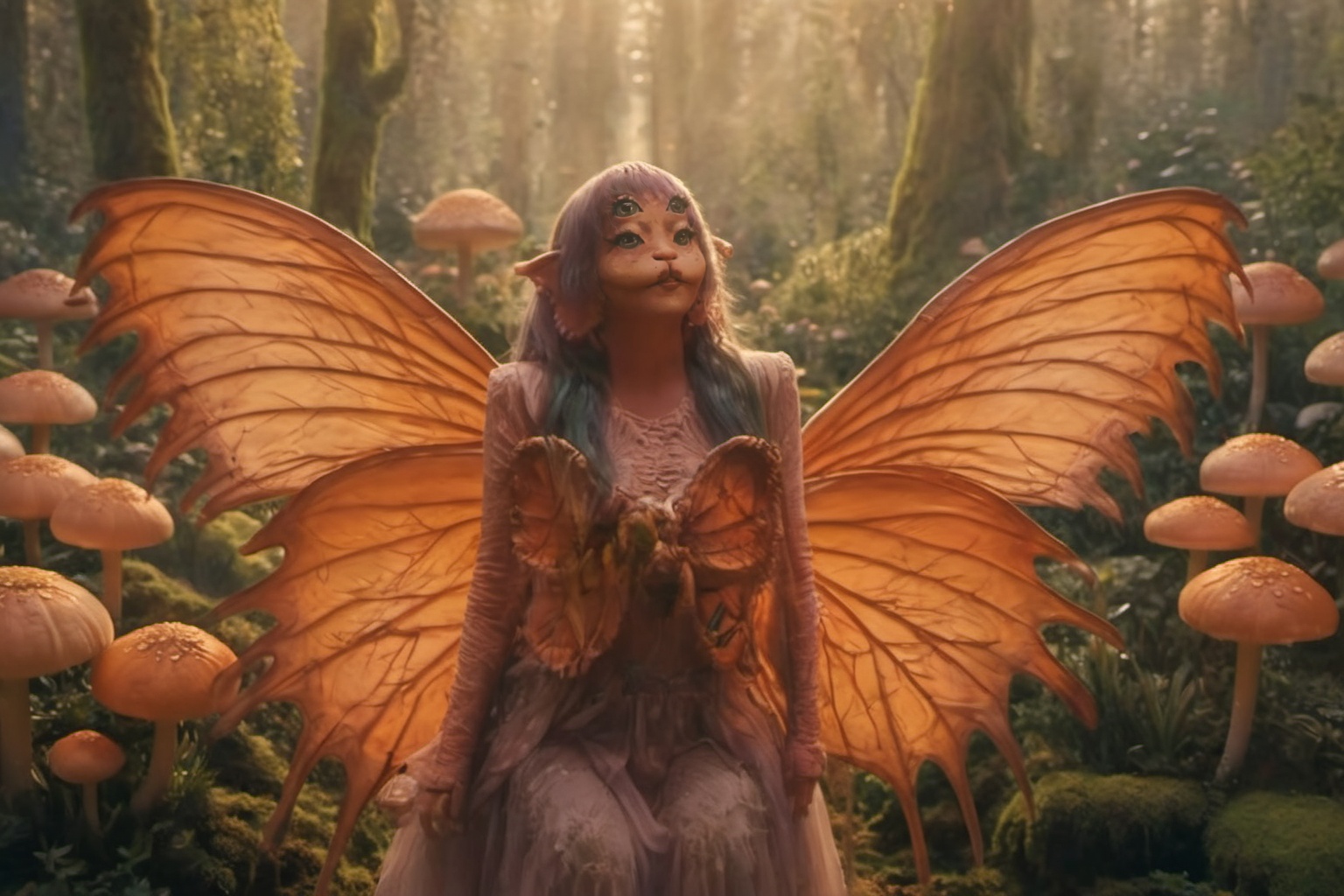 A a girl in a forest with giant orange artistic wings,  dramatic,  goldeen hour on Tensor.Art
