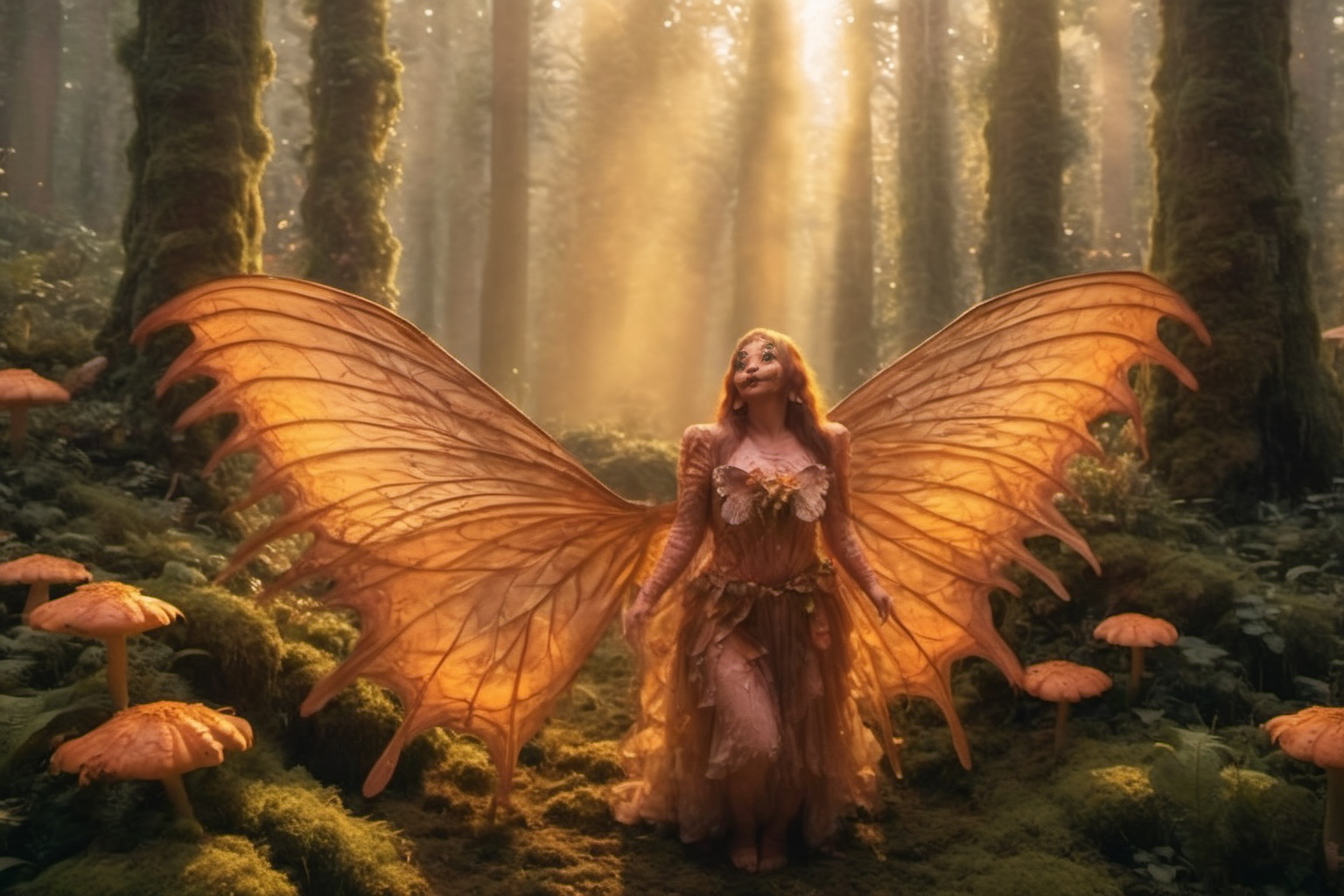A young girl floats amidst the towering trees of a misty forest,  her delicate features illuminated by the warm golden lig...