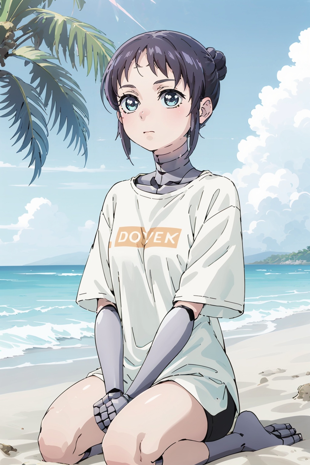 robot_girl,  hair bun,  (metalic arms on Tensor.Art