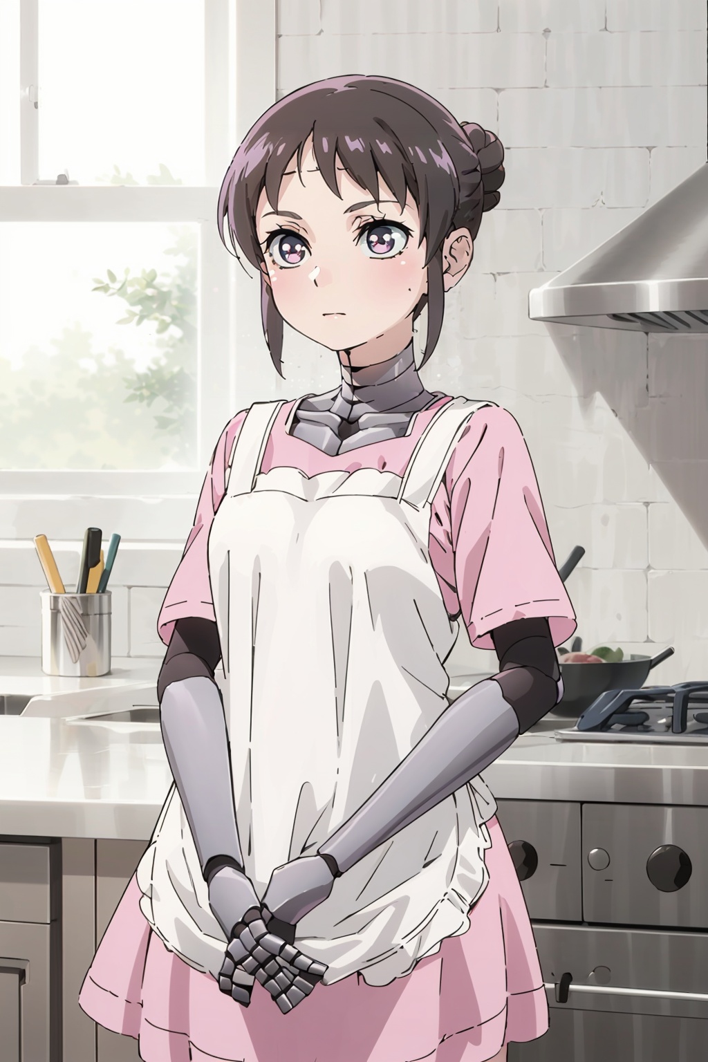 robot_girl,  hair bun,  ( metalic neck) on Tensor.Art