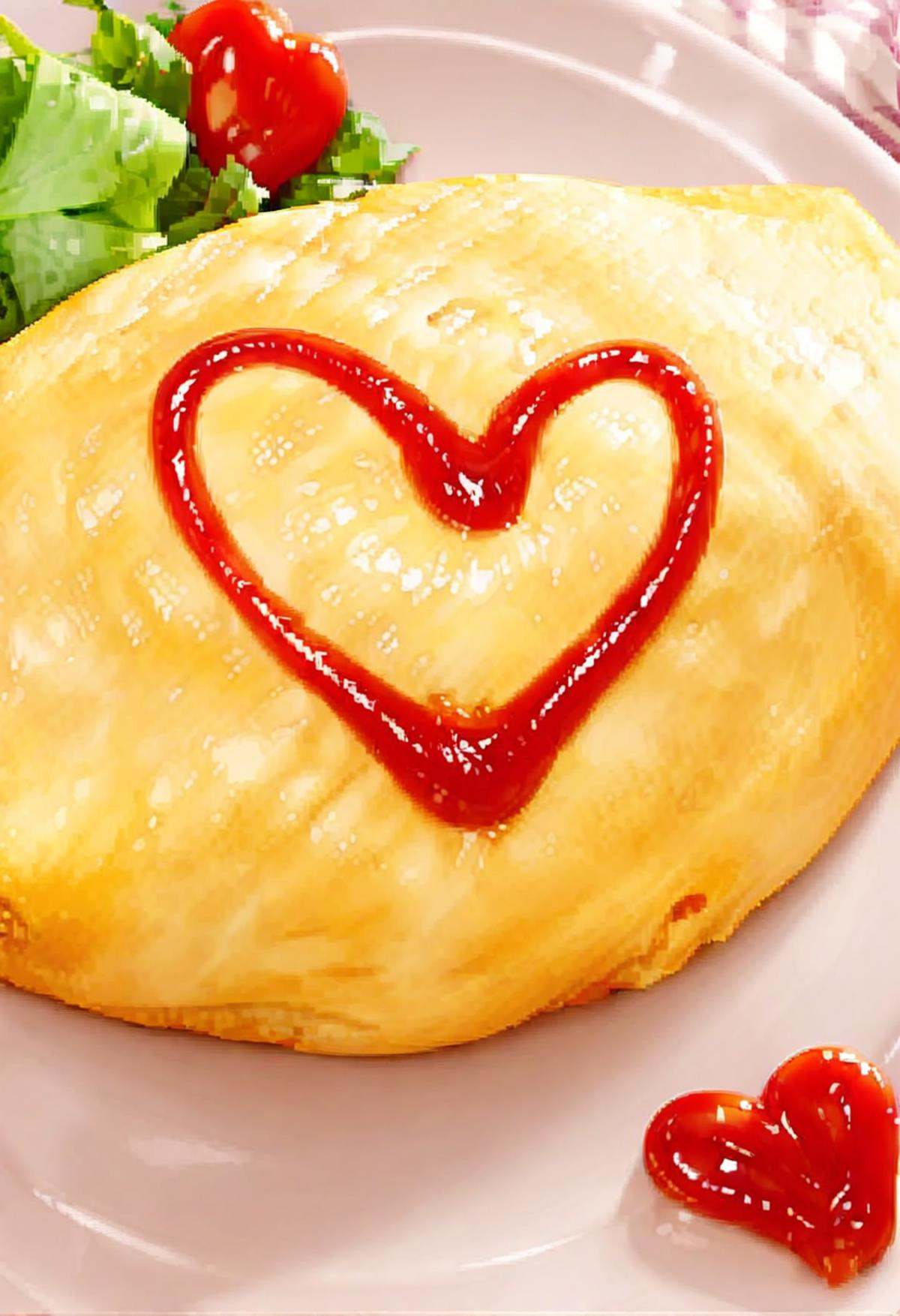 masterpiece, best quality, very aesthetic, absurdres,omurice_heart, still life, food focus, plate, food, realistic, heart, ketchup, ketchup in a heart shape <lora:omurice_heart_SDXL_V1:1>