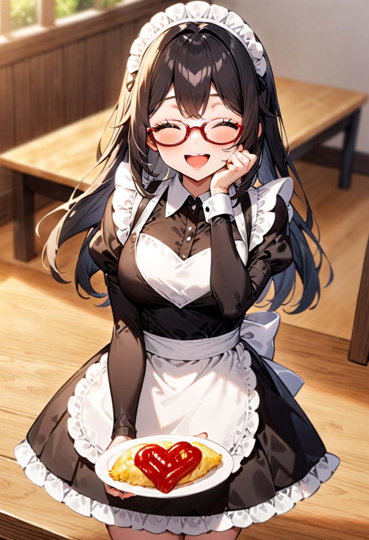 masterpiece, best quality, very aesthetic, absurdres,1girl, solo, glasses, black hair, long hair, maid headdress, maid, maid apron, black dress, happy, smile, looking at viewer, closed eyes, open mouth, standing, holding tray, BREAKomurice_heart, still life, food focus, plate, food, heart, ketchup, ketchup in a heart shape, wooden table,  <lora:omurice_heart_SDXL_V1:1>