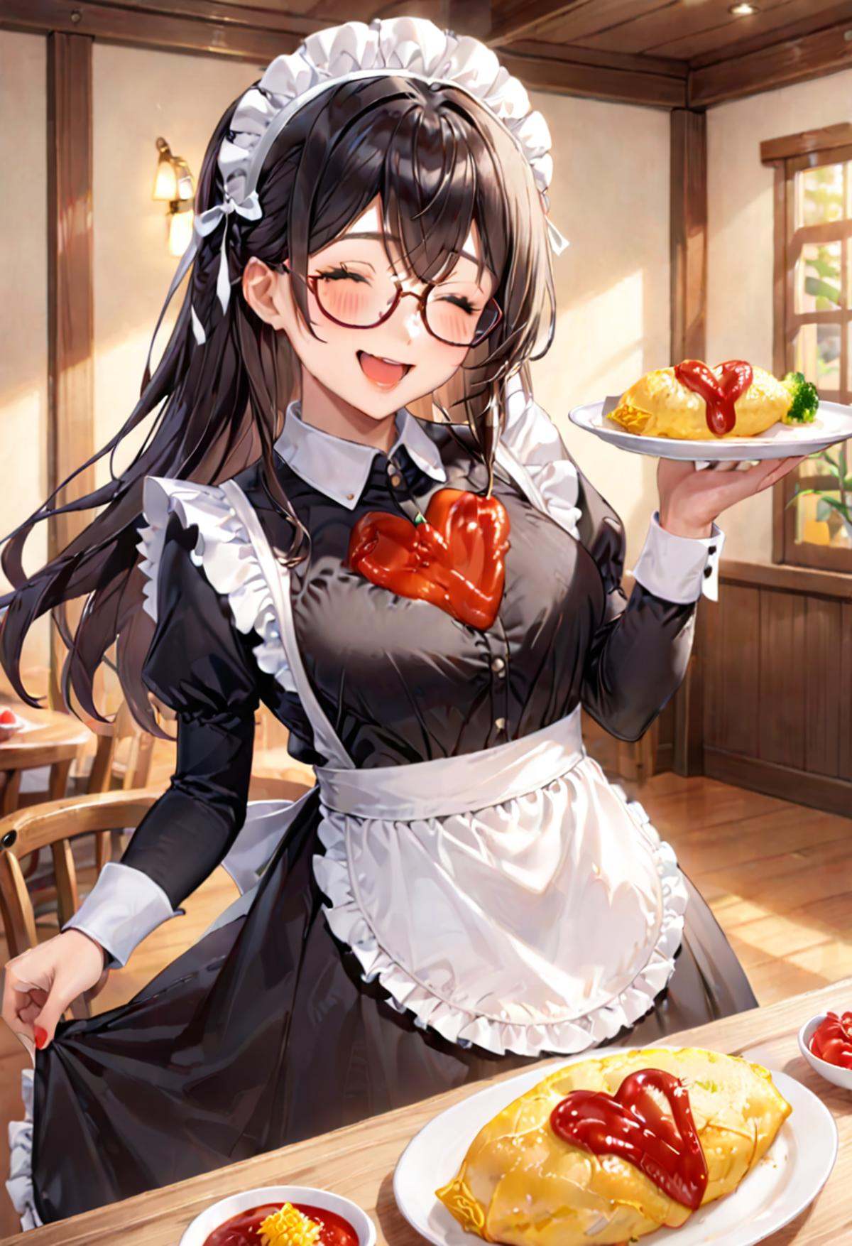 masterpiece, best quality, very aesthetic, absurdres,1girl, solo, glasses, black hair, long hair, maid headdress, maid, maid apron, black dress, happy, smile, looking at viewer, closed eyes, open mouth, standing, holding tray, BREAKomurice_heart, still life, food focus, plate, food, heart, ketchup, ketchup in a heart shape, wooden table,  <lora:omurice_heart_SDXL_V1:1>