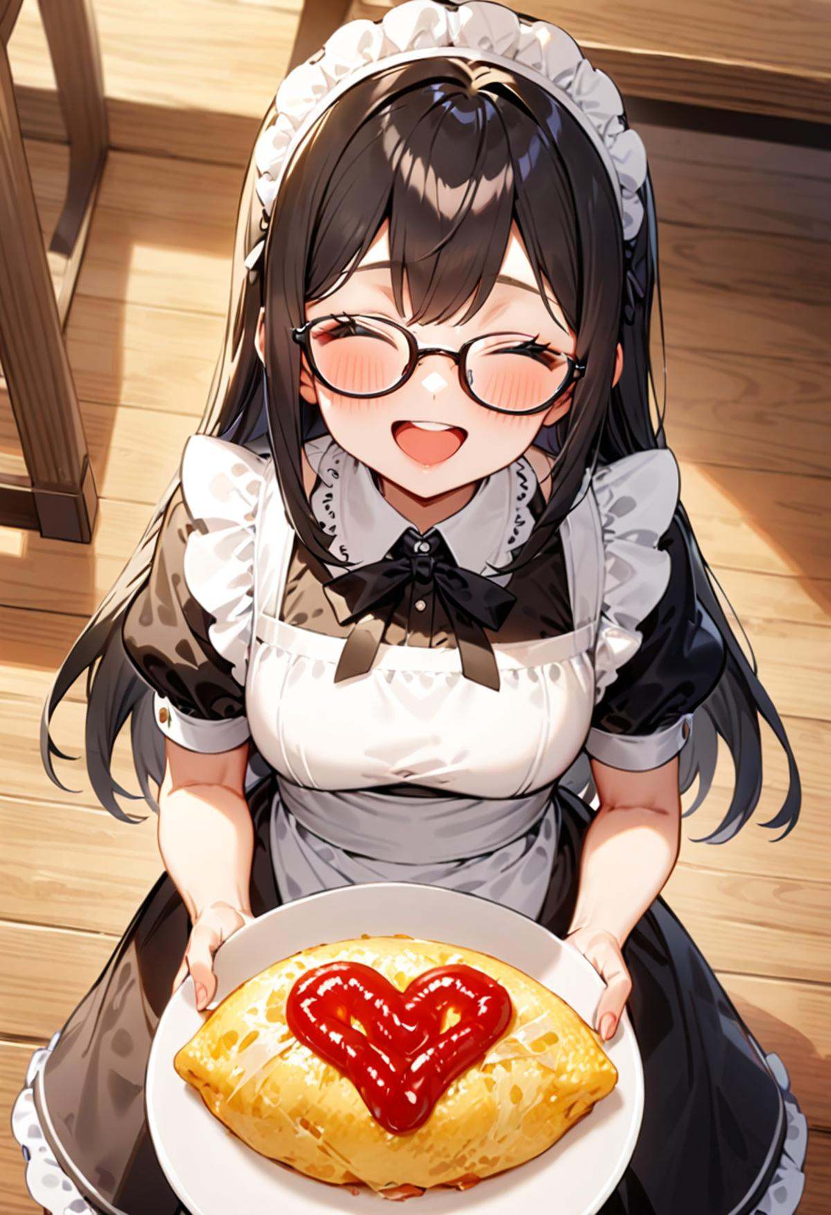 masterpiece, best quality, very aesthetic, absurdres,1girl, solo, glasses, black hair, long hair, maid headdress, maid, maid apron, black dress, happy, smile, looking at viewer, closed eyes, open mouth, standing, holding tray, BREAKomurice_heart, still life, food focus, plate, food, heart, ketchup, ketchup in a heart shape, wooden table,  <lora:omurice_heart_SDXL_V1:1>