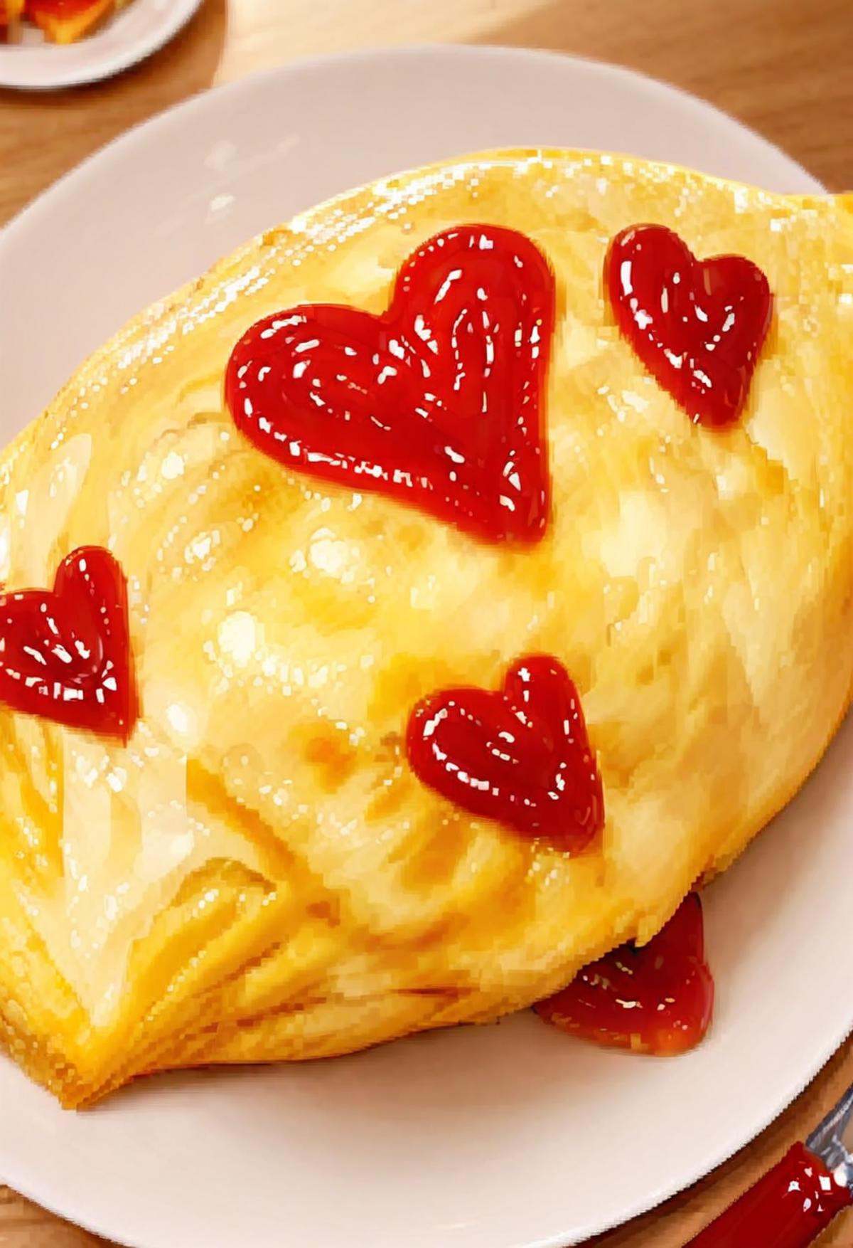 masterpiece, best quality, very aesthetic, absurdres,omurice_heart, still life, food focus, plate, food, realistic, heart, ketchup, ketchup in a heart shape <lora:omurice_heart_SDXL_V1:1>