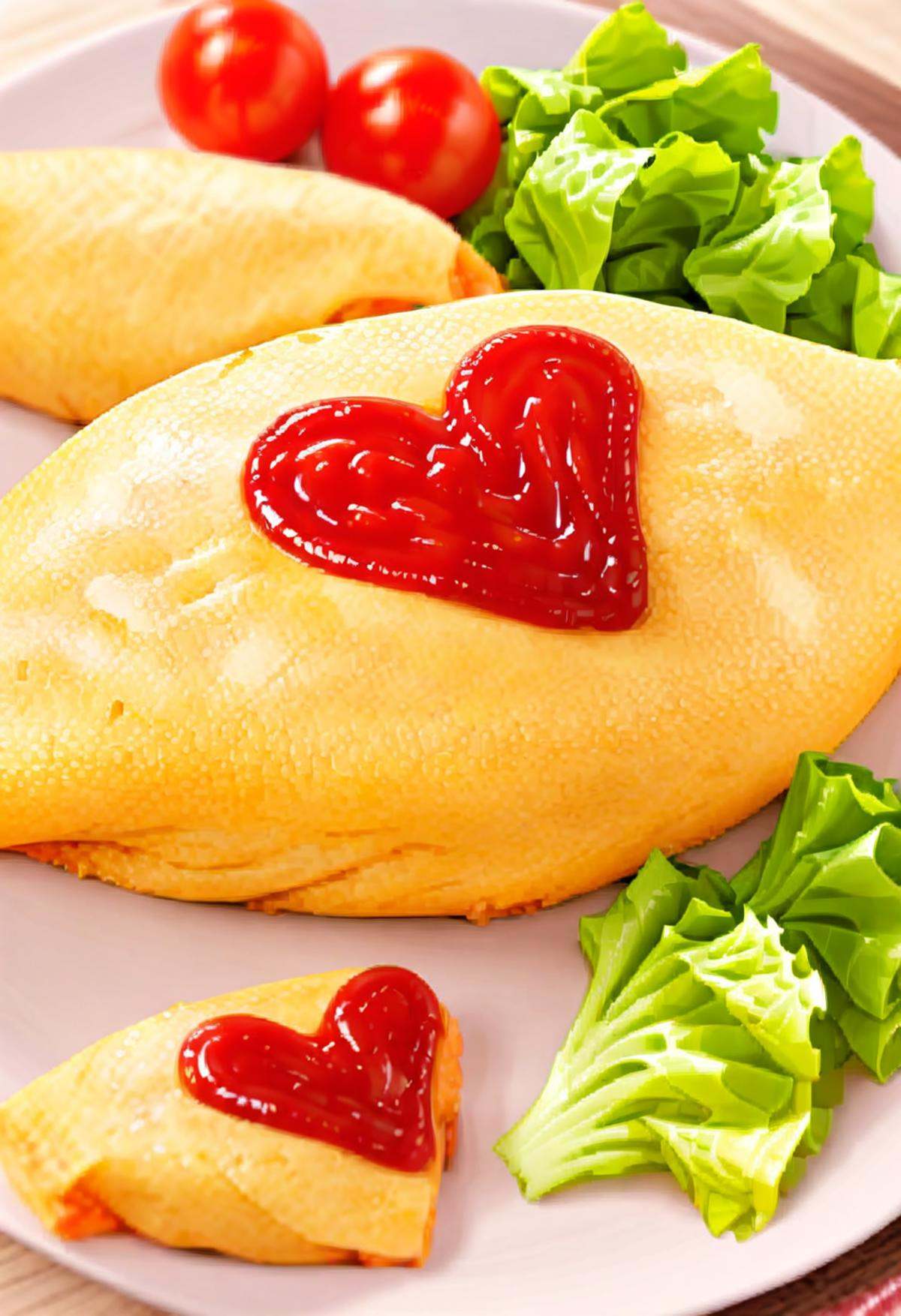 masterpiece, best quality, very aesthetic, absurdres,omurice_heart, food focus, food, realistic, still life, plate, tomato, lettuce, vegetable, blurry, ketchup, heart <lora:omurice_heart_SDXL_V1:1>