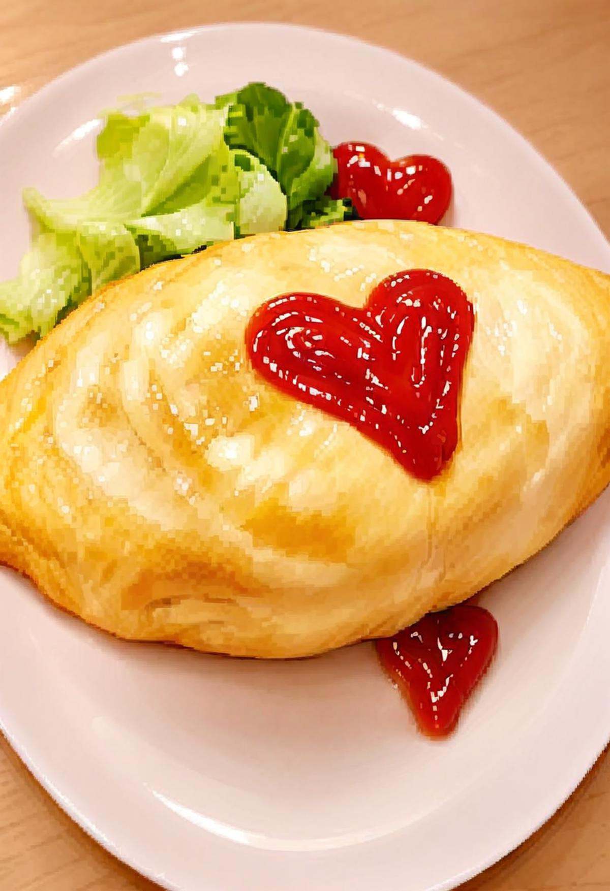 masterpiece, best quality, very aesthetic, absurdres,omurice_heart, still life, food focus, plate, food, realistic, heart, ketchup, ketchup in a heart shape <lora:omurice_heart_SDXL_V1:1>