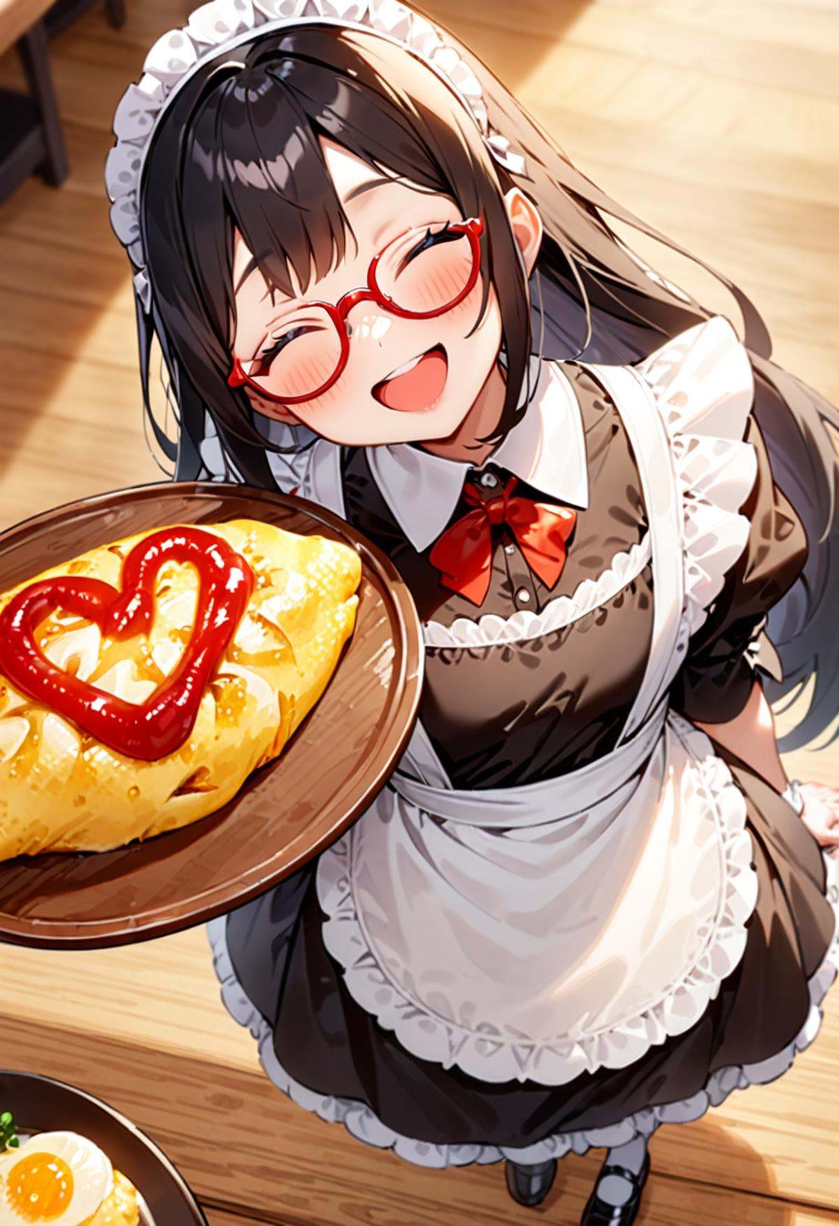masterpiece, best quality, very aesthetic, absurdres,1girl, solo, glasses, black hair, long hair, maid headdress, maid, maid apron, black dress, happy, smile, looking at viewer, closed eyes, open mouth, standing, holding tray, omurice_heart, still life, food focus, plate, food, heart, ketchup, ketchup in a heart shape, wooden table,  <lora:omurice_heart_SDXL_V1:1>