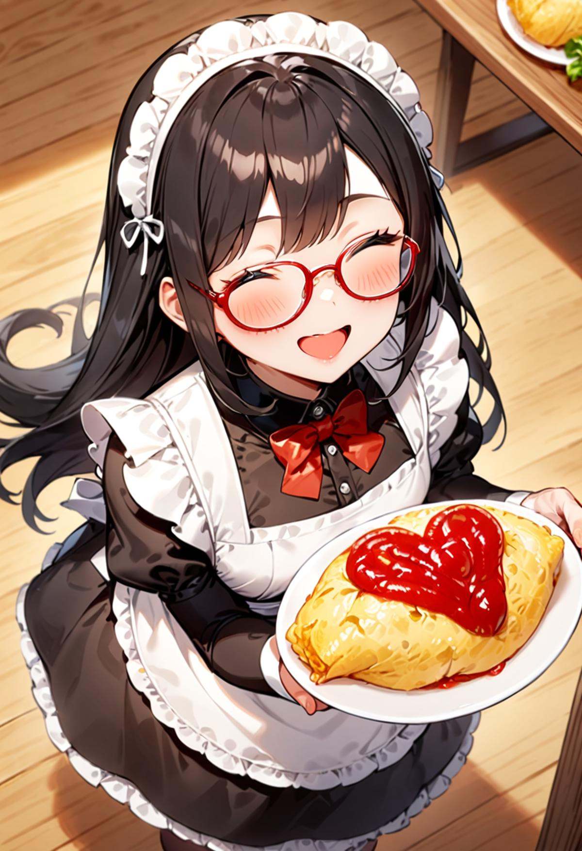 masterpiece, best quality, very aesthetic, absurdres,1girl, solo, glasses, black hair, long hair, maid headdress, maid, maid apron, black dress, happy, smile, looking at viewer, closed eyes, open mouth, standing, holding tray, omurice_heart, still life, food focus, plate, food, heart, ketchup, ketchup in a heart shape, wooden table,  <lora:omurice_heart_SDXL_V1:1>