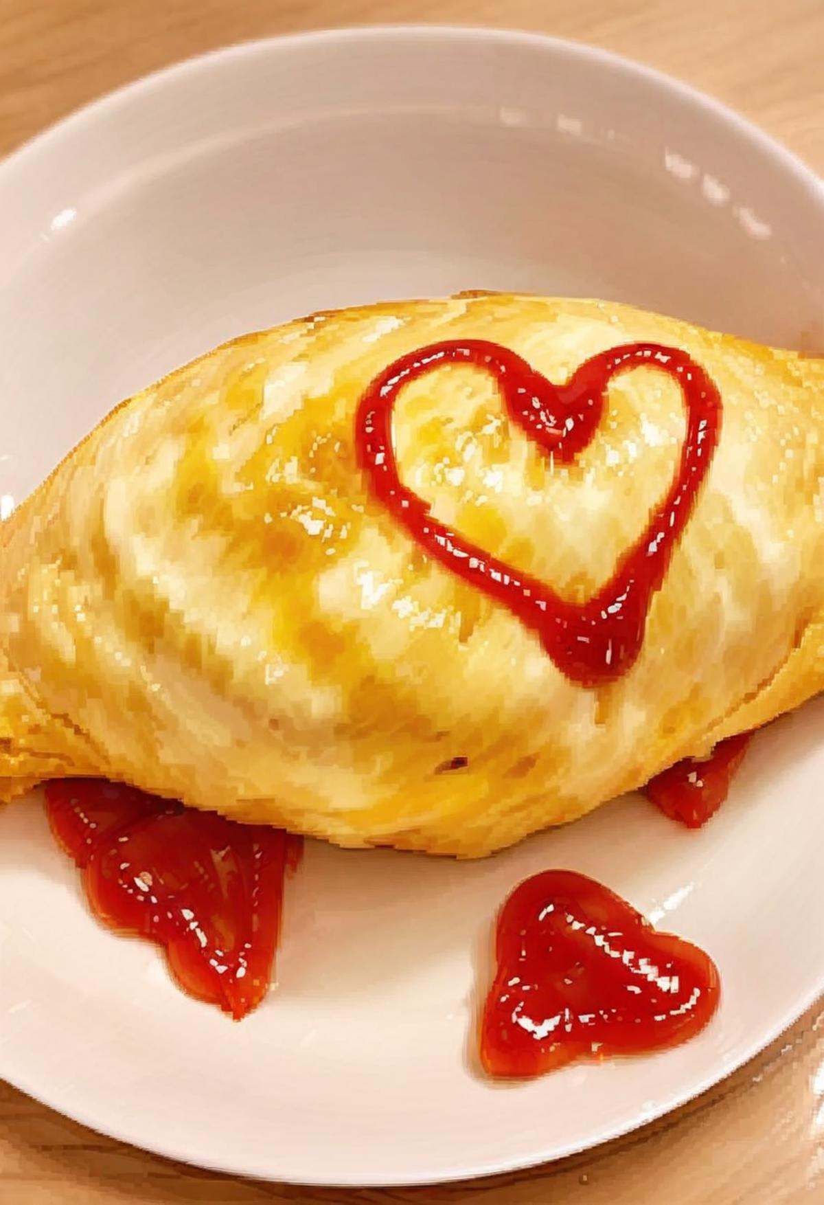 masterpiece, best quality, very aesthetic, absurdres,omurice_heart, food focus, plate, food, still life, plaid, realistic, ketchup, heart <lora:omurice_heart_SDXL_V1:1>