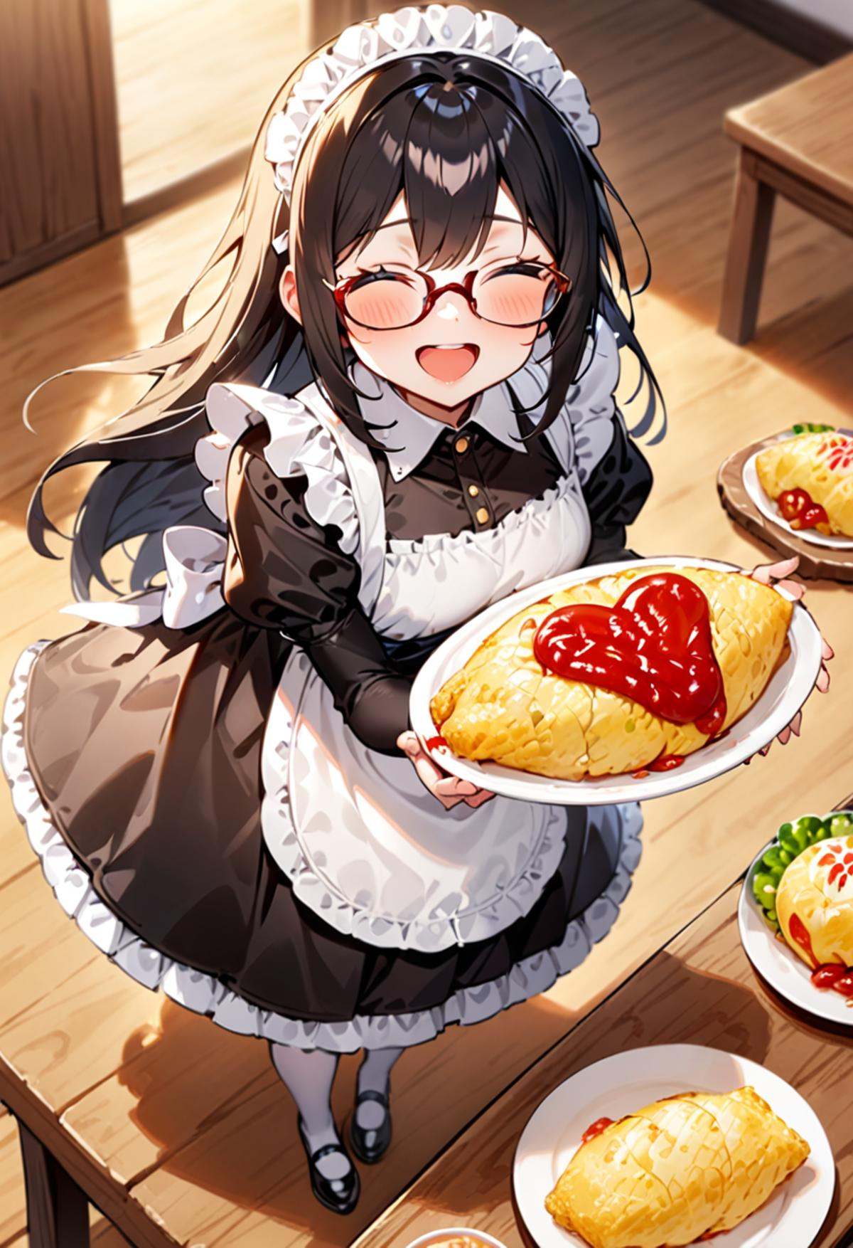 masterpiece, best quality, very aesthetic, absurdres,1girl, solo, glasses, black hair, long hair, maid headdress, maid, maid apron, black dress, happy, smile, looking at viewer, closed eyes, open mouth, standing, holding tray, omurice_heart, still life, food focus, plate, food, heart, ketchup, ketchup in a heart shape, wooden table,  <lora:omurice_heart_SDXL_V1:1>