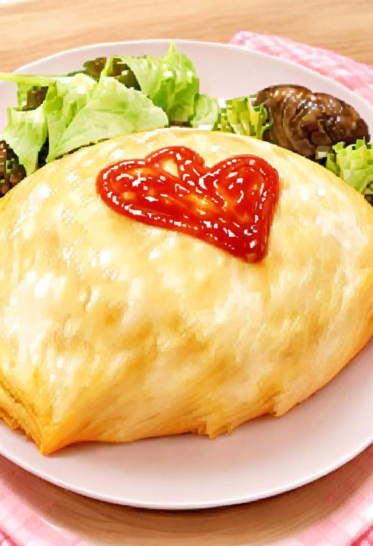 masterpiece, best quality, very aesthetic, absurdres,omurice_heart, food focus, plate, food, still life, plaid, ketchup, heart <lora:omurice_heart_SDXL_V1:1>
