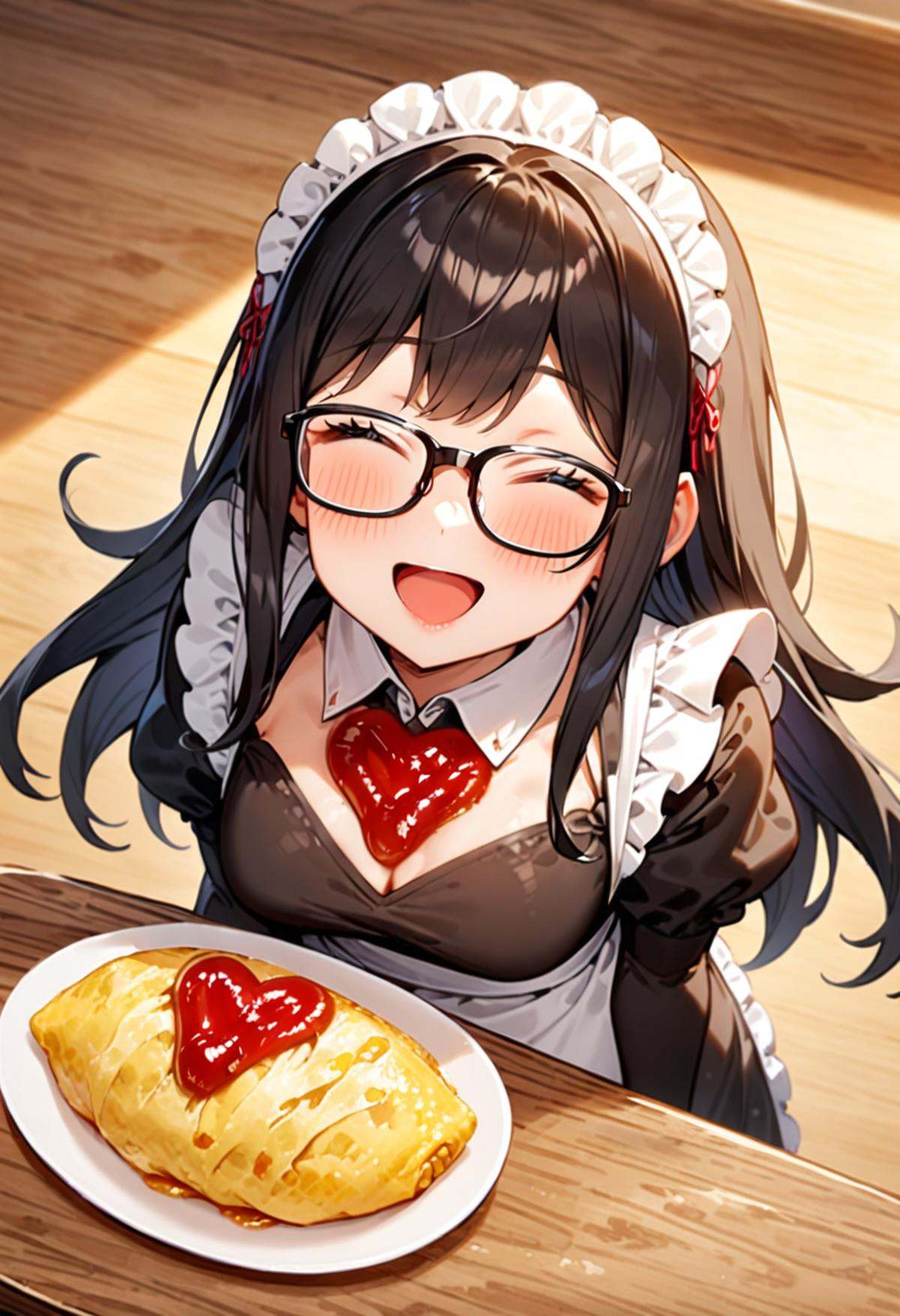 masterpiece, best quality, very aesthetic, absurdres,1girl, solo, glasses, black hair, long hair, maid headdress, maid, maid apron, black dress, happy, smile, looking at viewer, closed eyes, open mouth, standing, holding tray, BREAKomurice_heart, still life, food focus, plate, food, heart, ketchup, ketchup in a heart shape, wooden table,  <lora:omurice_heart_SDXL_V1:1>