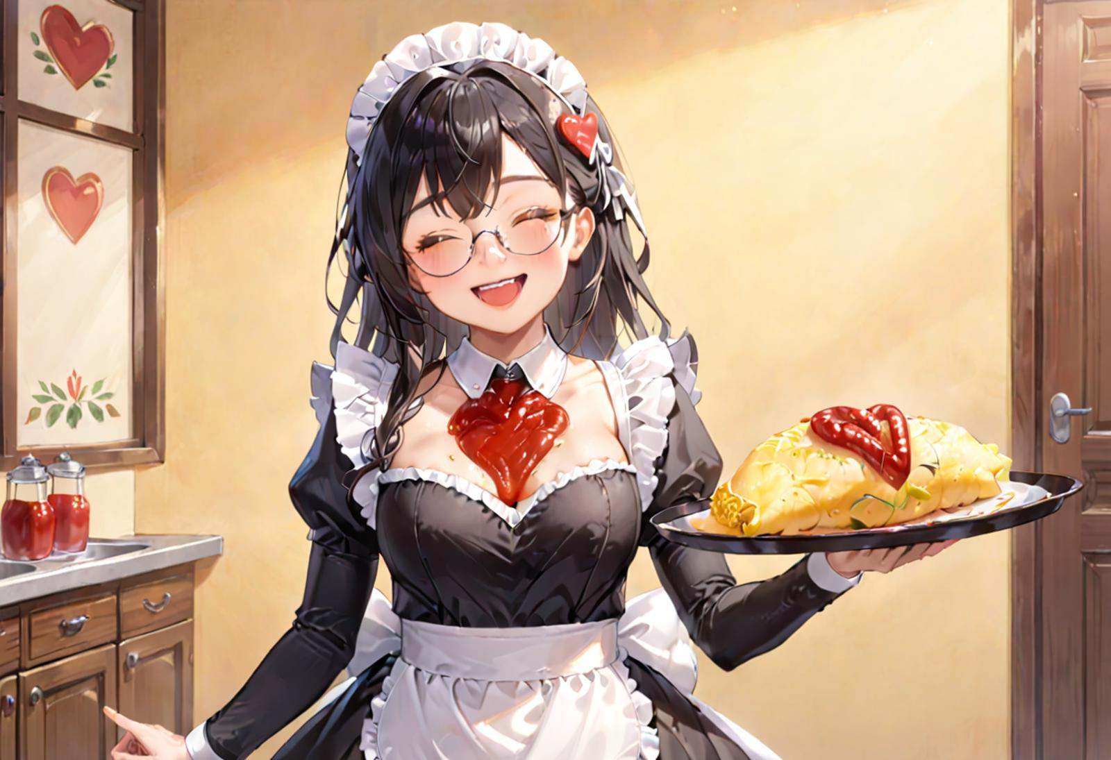 masterpiece, best quality, very aesthetic, absurdres,1girl, solo, glasses, black hair, long hair, maid headdress, maid, maid apron, black dress, happy, smile, looking at viewer, closed eyes, open mouth, standing, holding tray, BREAKomurice_heart, still life, food focus, plate, food, heart, ketchup, ketchup in a heart shape,  <lora:omurice_heart_SDXL_V1:1>