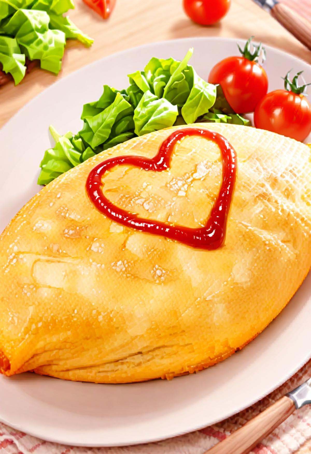 masterpiece, best quality, very aesthetic, absurdres,omurice_heart, food focus, food, realistic, still life, plate, tomato, lettuce, vegetable, blurry, ketchup, heart <lora:omurice_heart_SDXL_V1:1>