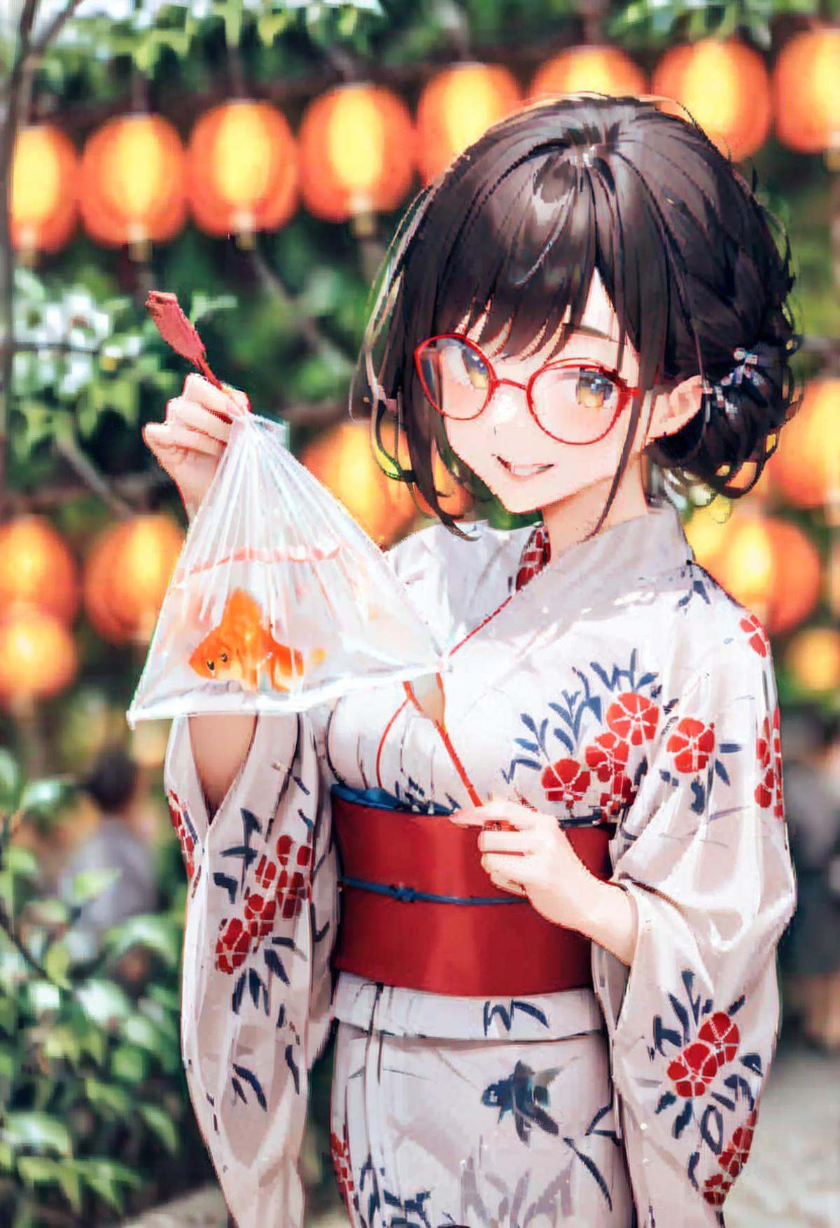 masterpiece, best quality, very aesthetic, absurdres,kingyofukuro, bagged fish, goldfish, 1girl, solo, glasses, smile, sash, yukata, uchiwa, medium hair, black hair, sash, looking at viewer, holding, night, summer, paper lantern, blurry background,  <lora:kingyo_fukuro_SDXL_V1:1>