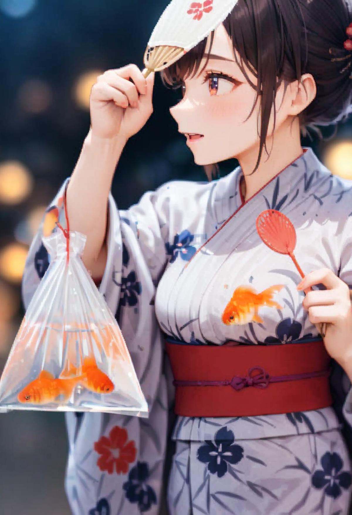 masterpiece, best quality, very aesthetic, absurdres,kingyofukuro, bagged fish, fish, bag, goldfish, blurry, 1girl, close-up, solo, holding, blurry background, yukata, floral print, sash, uchiwa, night,  <lora:kingyo_fukuro_SDXL_V1:0.8>