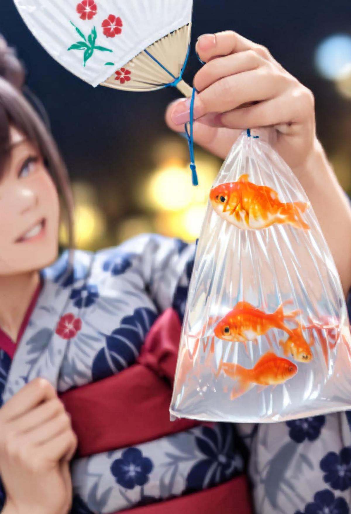 masterpiece, best quality, very aesthetic, absurdres,kingyofukuro, bagged fish, fish, bag, goldfish, blurry, 1girl, close-up, solo, holding, blurry background, yukata, floral print, sash, uchiwa, night,  <lora:kingyo_fukuro_SDXL_V1:0.8>