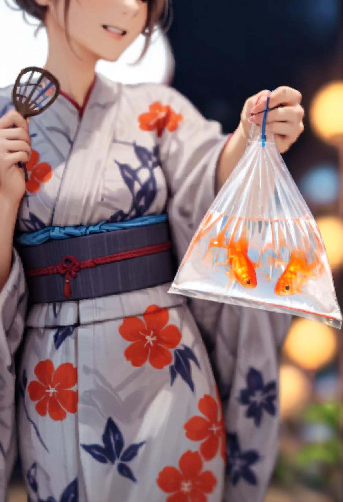 masterpiece, best quality, very aesthetic, absurdres,kingyofukuro, bagged fish, fish, bag, goldfish, blurry, 1girl, close-up, solo, holding, blurry background, yukata, floral print, sash, uchiwa, night,  <lora:kingyo_fukuro_SDXL_V1:0.8>
