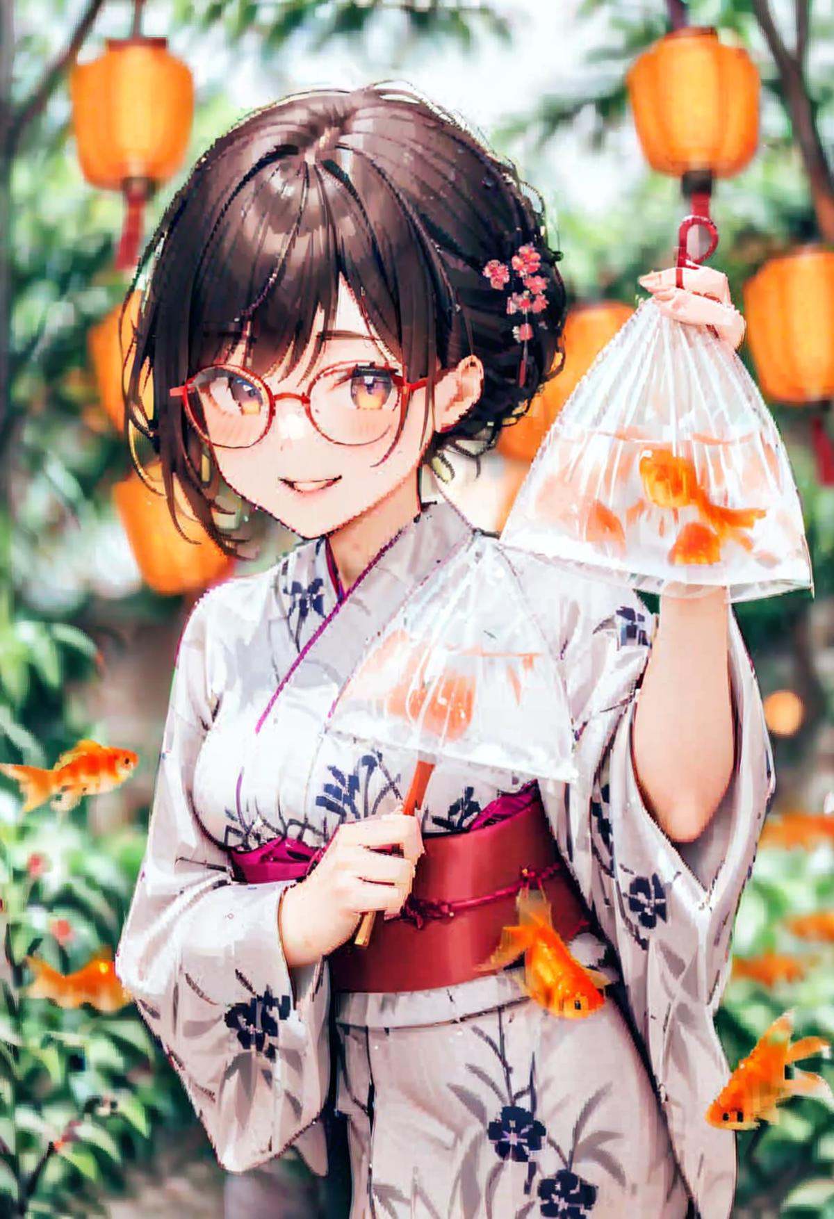 masterpiece, best quality, very aesthetic, absurdres,kingyofukuro, bagged fish, goldfish, 1girl, solo, glasses, smile, sash, yukata, uchiwa, medium hair, black hair, sash, looking at viewer, holding, night, summer, paper lantern, blurry background,  <lora:kingyo_fukuro_SDXL_V1:1>