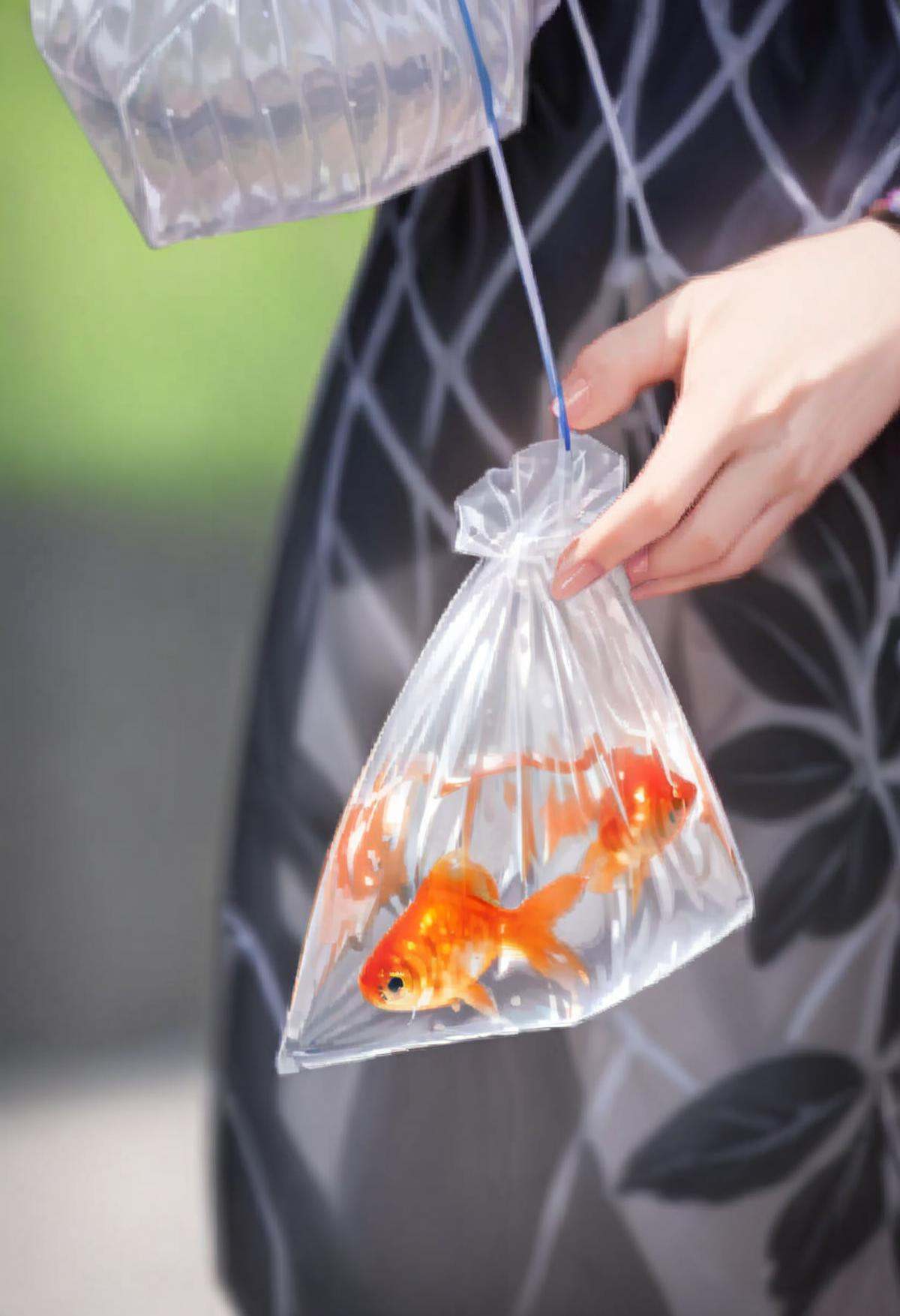 masterpiece, best quality, very aesthetic, absurdres,kingyofukuro, bagged fish, fish, goldfish, bag, holding, fingernails, close-up,  <lora:kingyo_fukuro_SDXL_V1:0.8>