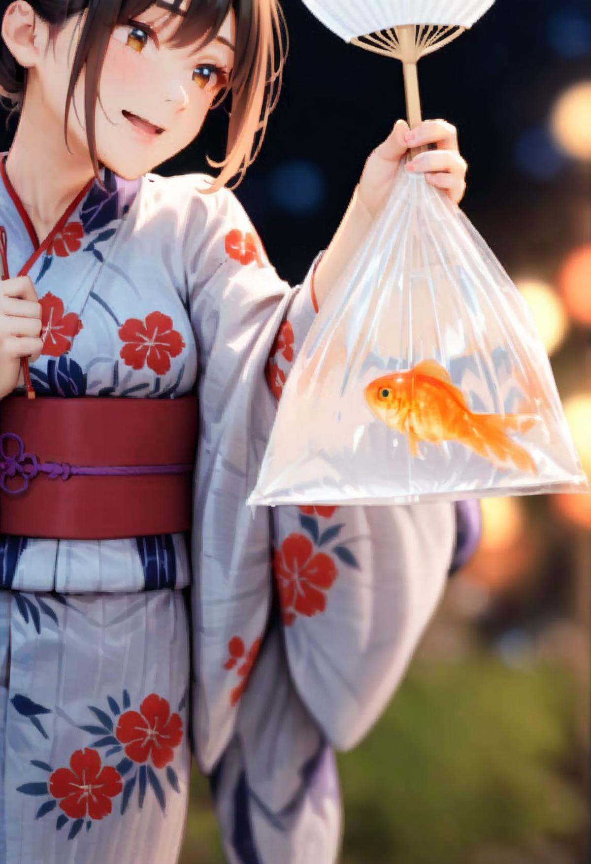 masterpiece, best quality, very aesthetic, absurdres,kingyofukuro, bagged fish, fish, bag, goldfish, blurry, 1girl, close-up, solo, holding, blurry background, yukata, floral print, sash, uchiwa, night,  <lora:kingyo_fukuro_SDXL_V1:0.8>
