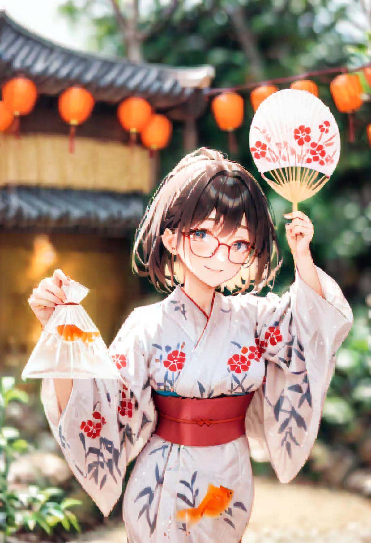 masterpiece, best quality, very aesthetic, absurdres,kingyofukuro, bagged fish, goldfish, 1girl, solo, glasses, smile, sash, blurry, yukata, smile, hand fan, paper fan, uchiwa, medium hair, black hair, sash, looking at viewer, holding, night, summer, paper lantern, blurry background,  <lora:kingyo_fukuro_SDXL_V1:1>