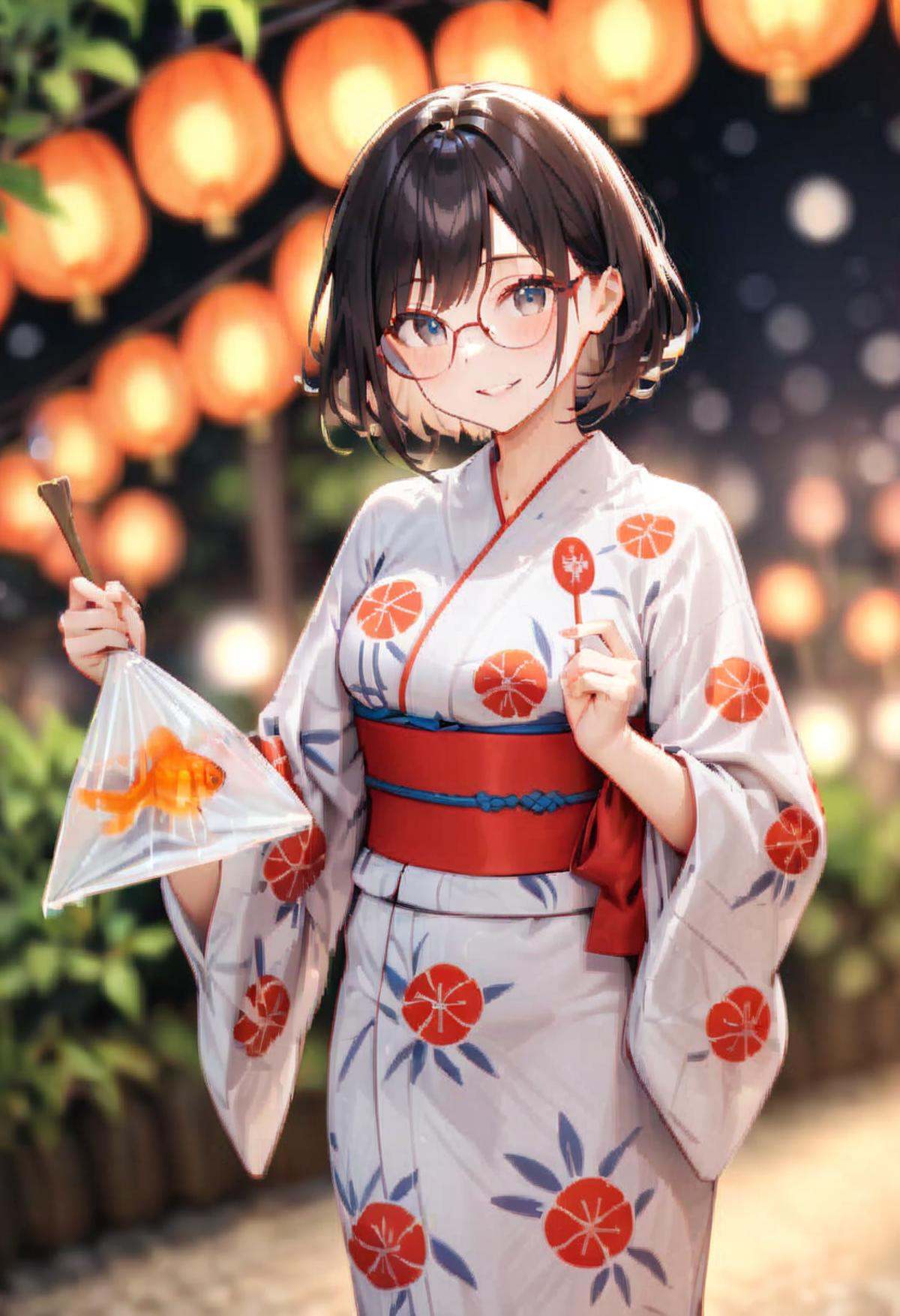 masterpiece, best quality, very aesthetic, absurdres,kingyofukuro, bagged fish, goldfish, 1girl, solo, glasses, smile, sash, yukata, uchiwa, medium hair, black hair, sash, looking at viewer, holding, night, summer, paper lantern, blurry background,  <lora:kingyo_fukuro_SDXL_V1:0.8>