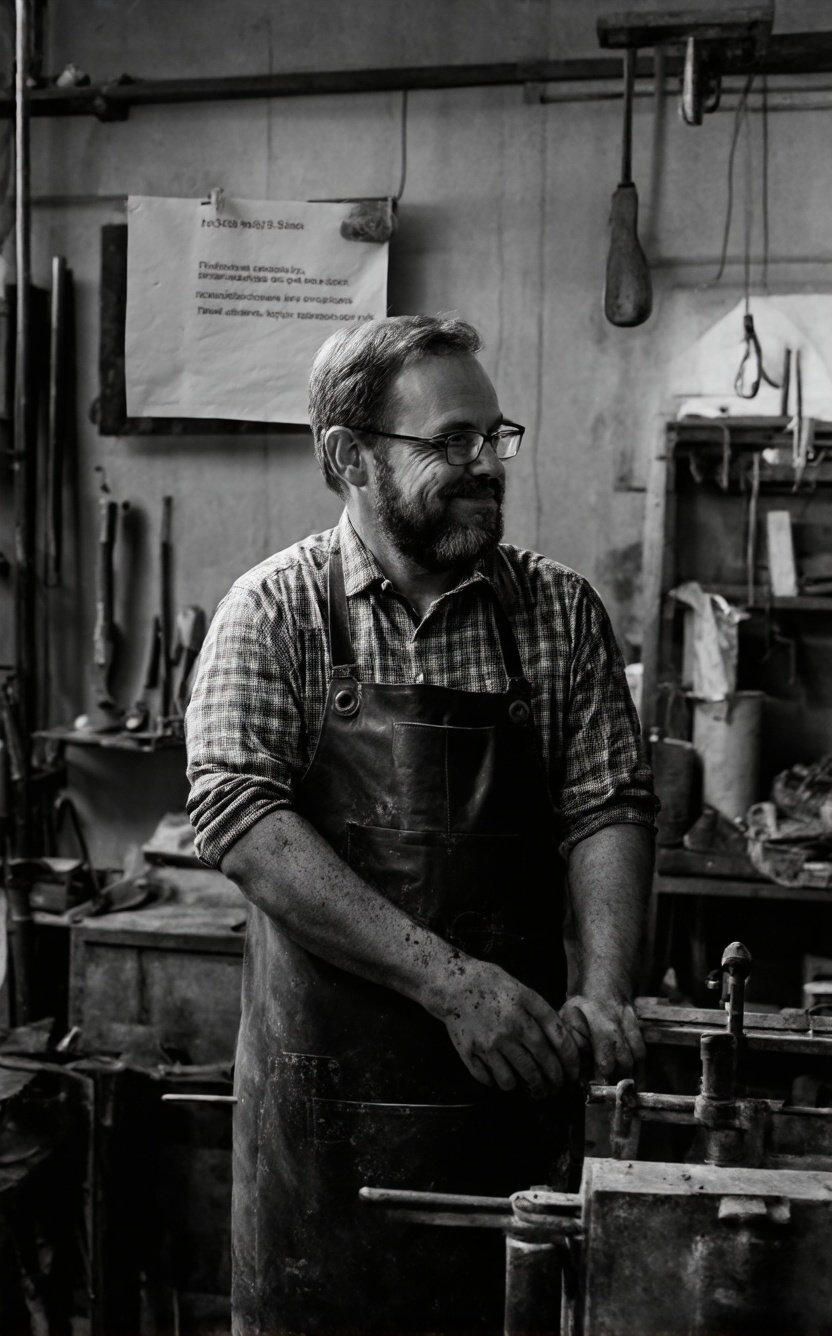 The image depicts a man in a workshop setting,  surrounded by tools and equipment. He is wearing a plaid shirt with a coll...