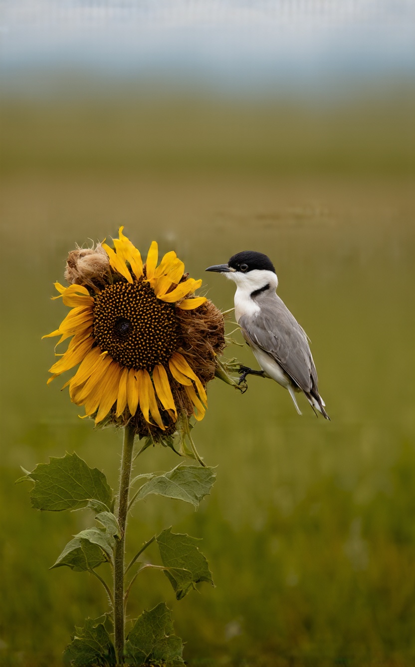 The image captures a moment of natural beauty,  featuring a bird perched atop a dried flower. The bird,  with its delicate...