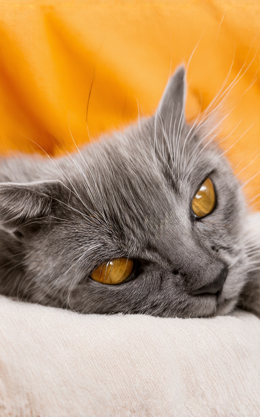 This image captures a serene moment of a young cat,  possibly a kitten,  resting comfortably on a soft on Tensor.Art